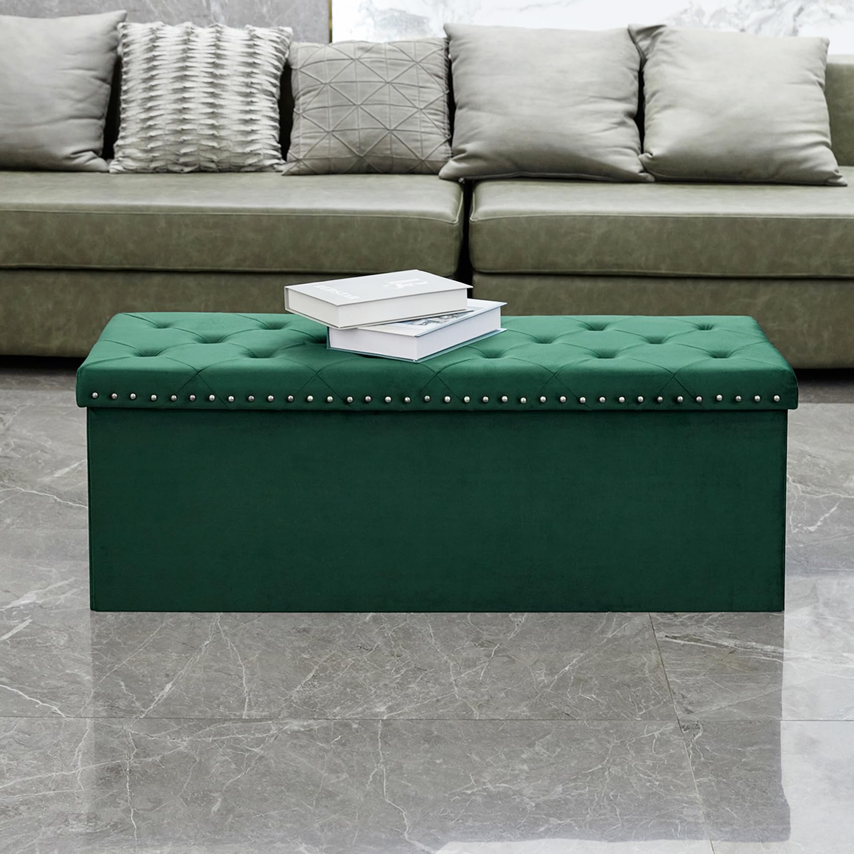 Bonlife Velvet Folding Storage Ottoman Bench – Dark Green, 110cm