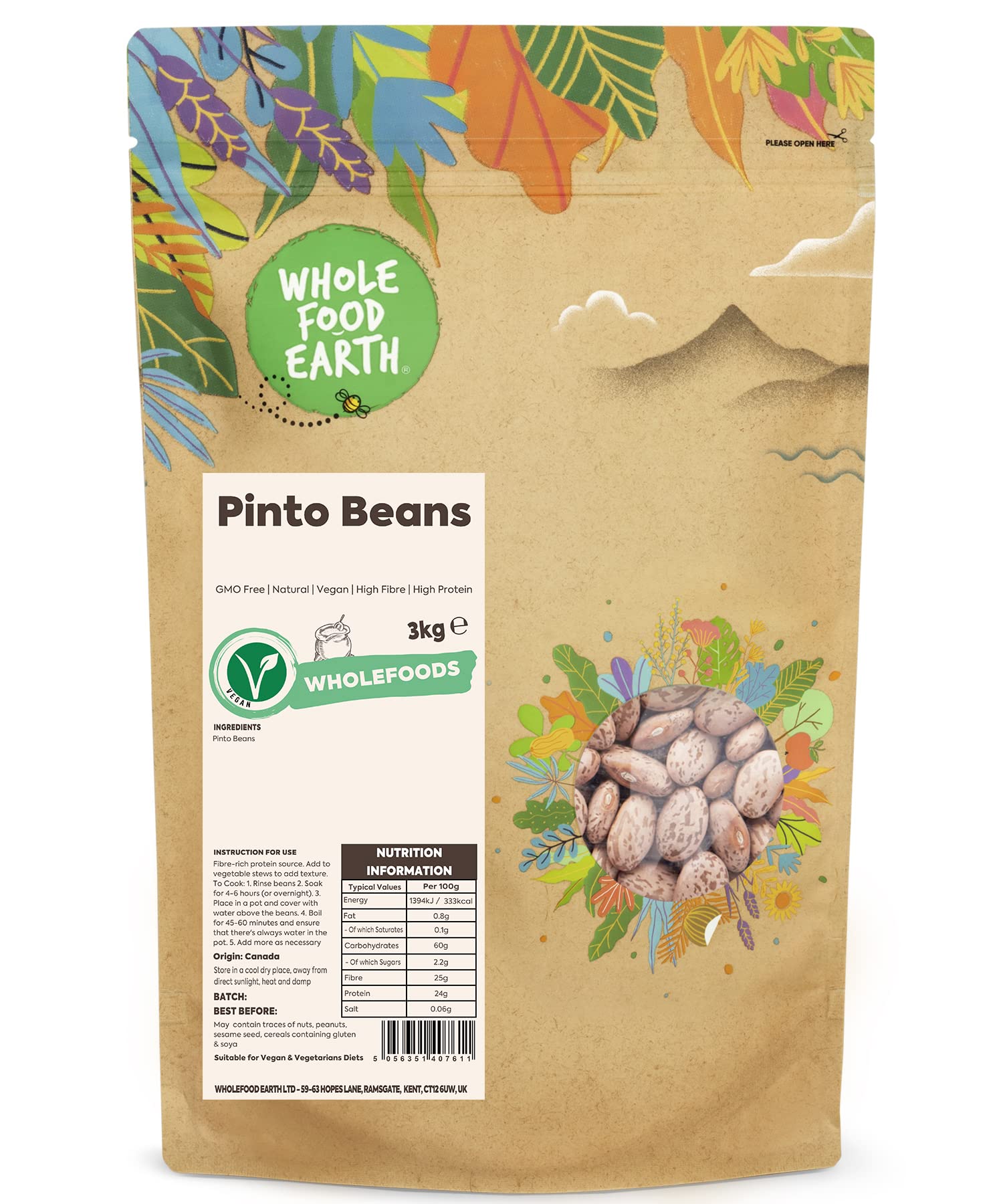 Wholefood Earth Pinto Beans – 3kg Bulk Non-GMO Vegan Dried Legumes