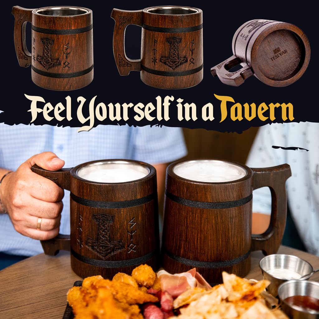 Teslyar Viking Beer Mug – 20oz Handcrafted Oak Wood & Stainless Steel