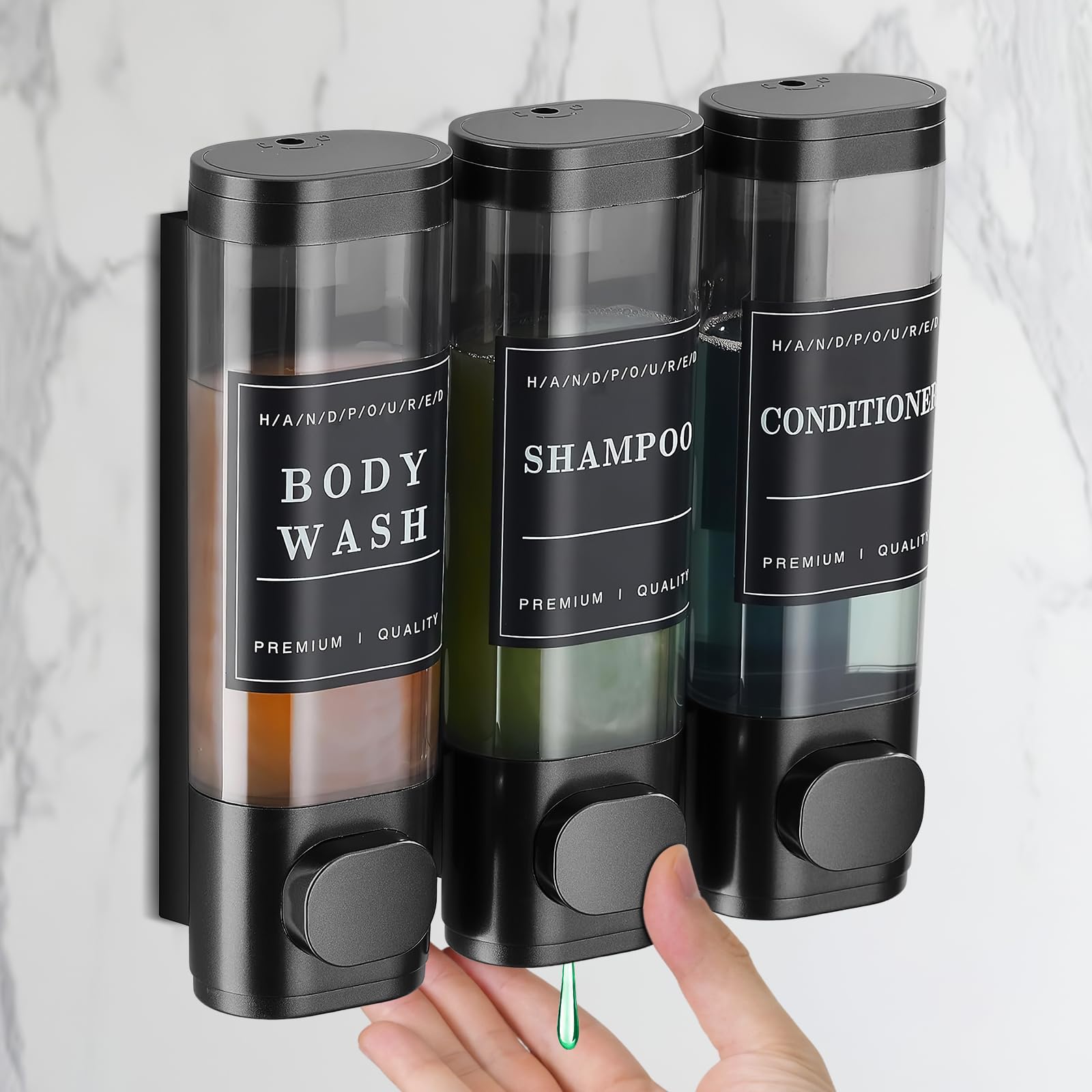 DEECOZY 3-Chamber Shower Soap Dispenser | No-Drill Wall-Mounted ABS Black