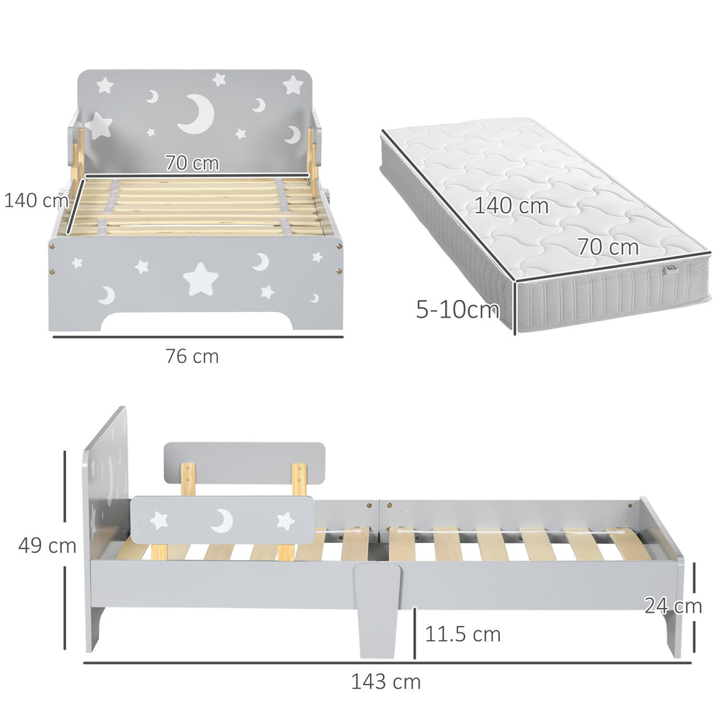 ZONEKIZ Kids Toddler Bed – Grey Moon & Star Bed Frame with Side Rails