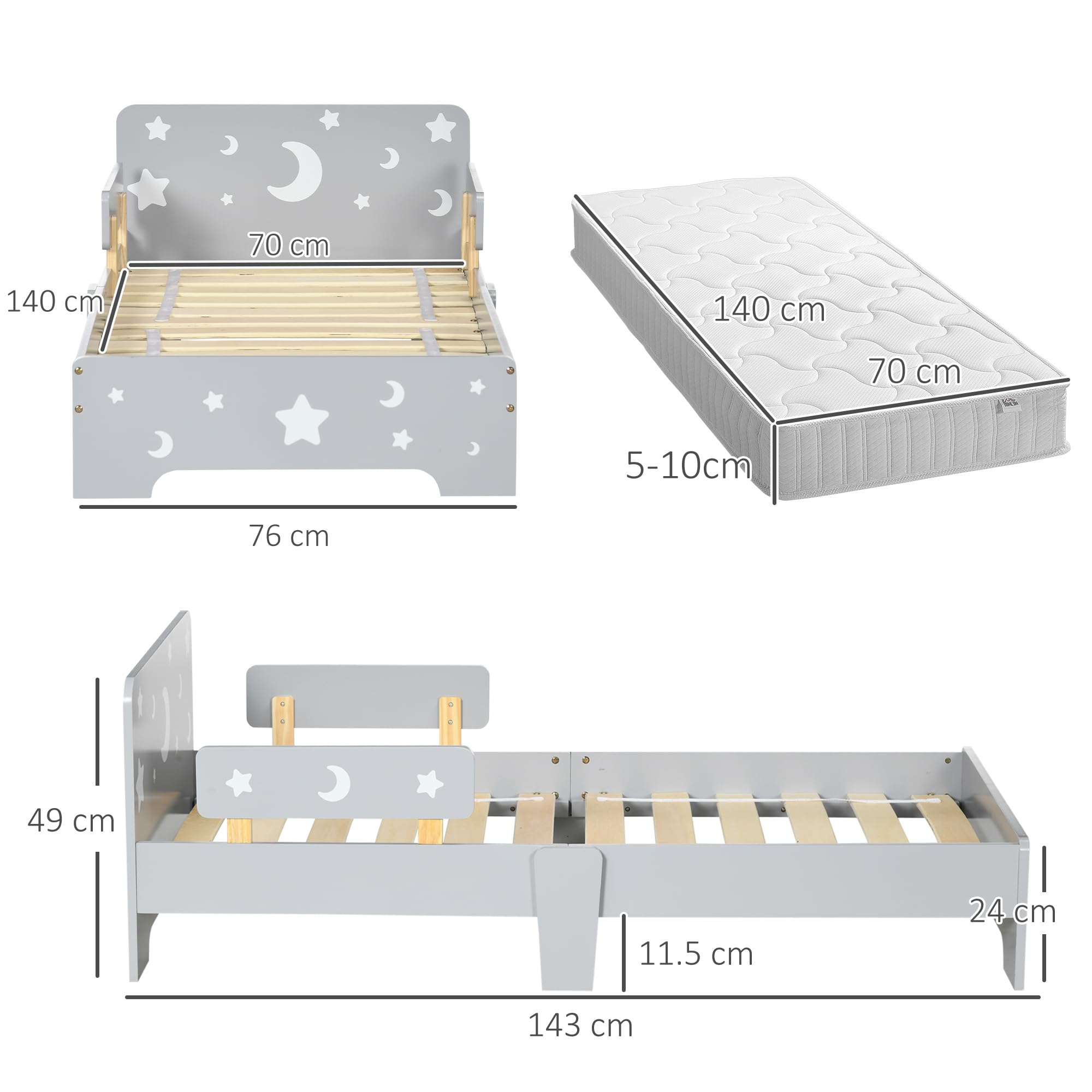 ZONEKIZ Kids Toddler Bed – Grey Moon & Star Bed Frame with Side Rails