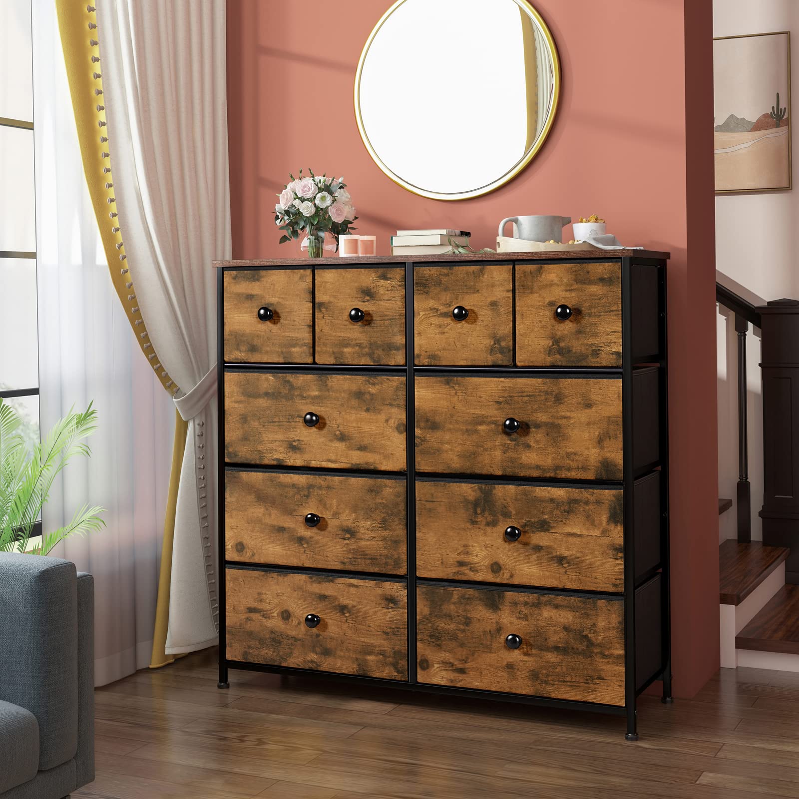 LYNCOHOME 10 Drawer Fabric Dresser – Rustic Brown Storage Chest