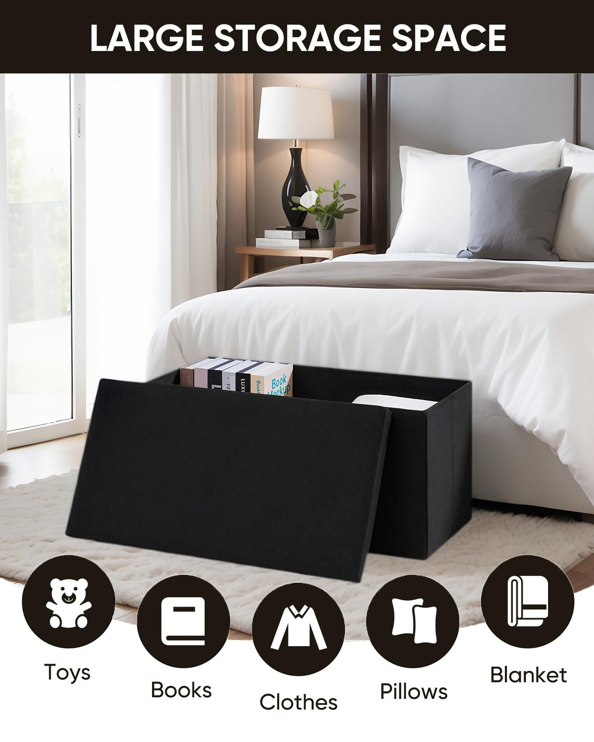 Bonlife Large Storage Ottoman Bench, Foldable Footstool with Tray - image 2