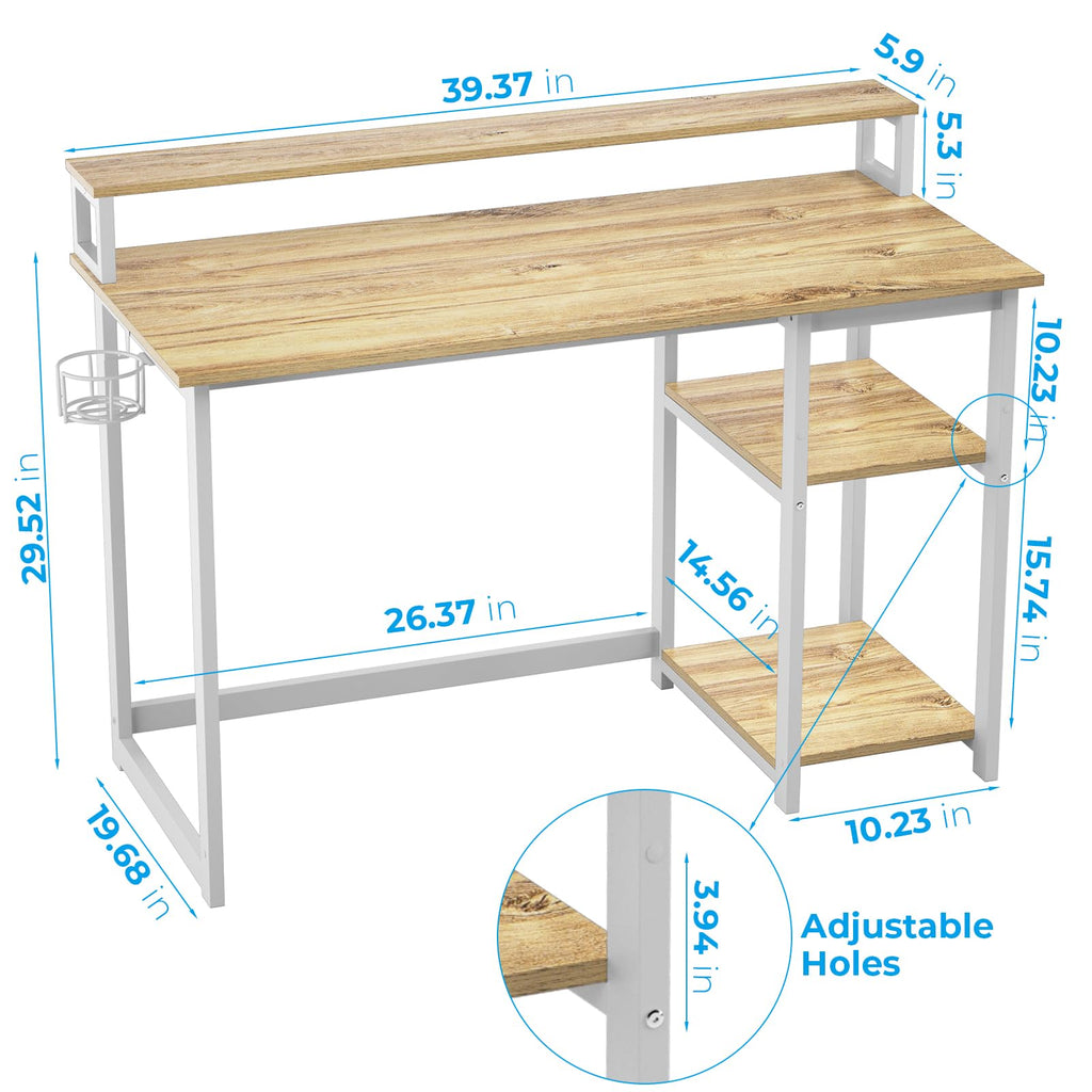 GreenForest 100cm Computer Desk with Monitor Stand & Storage Shelves