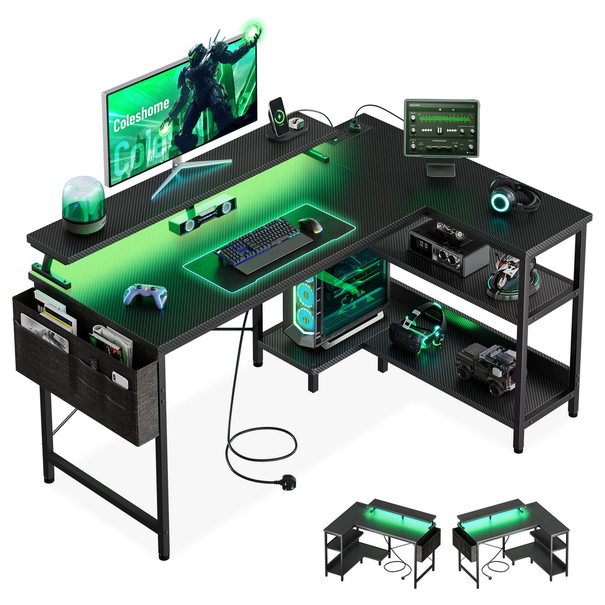 Coleshome L Shaped Gaming Desk with LED Lights & Power Outlet, 100x70 cm - image 1