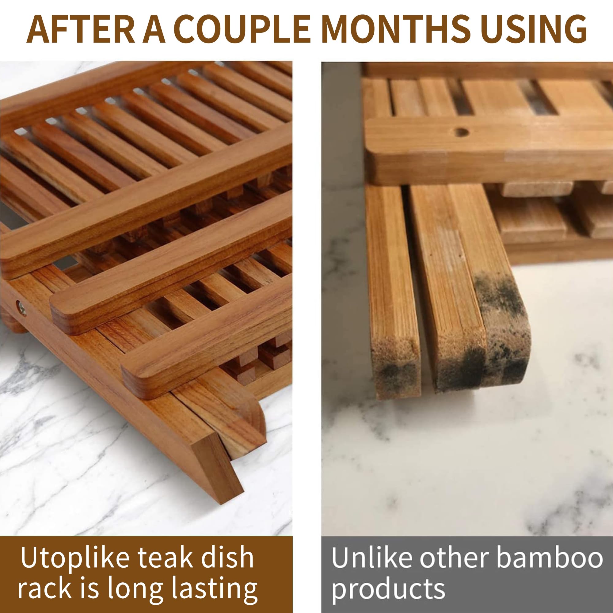Utoplike Teak Wood Dish Drying Rack – Collapsible 2-Tier Plate Drainer