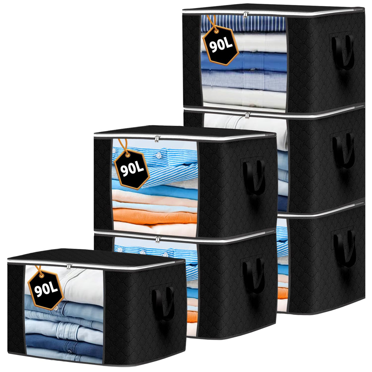 KURNI Storage Bags | Clothes Organizer Boxes, Foldable 6 Pack Black, 90L Capacity, 3 Sided Zipper Moving Large Bag. Dust & Moisture Proof - image 1