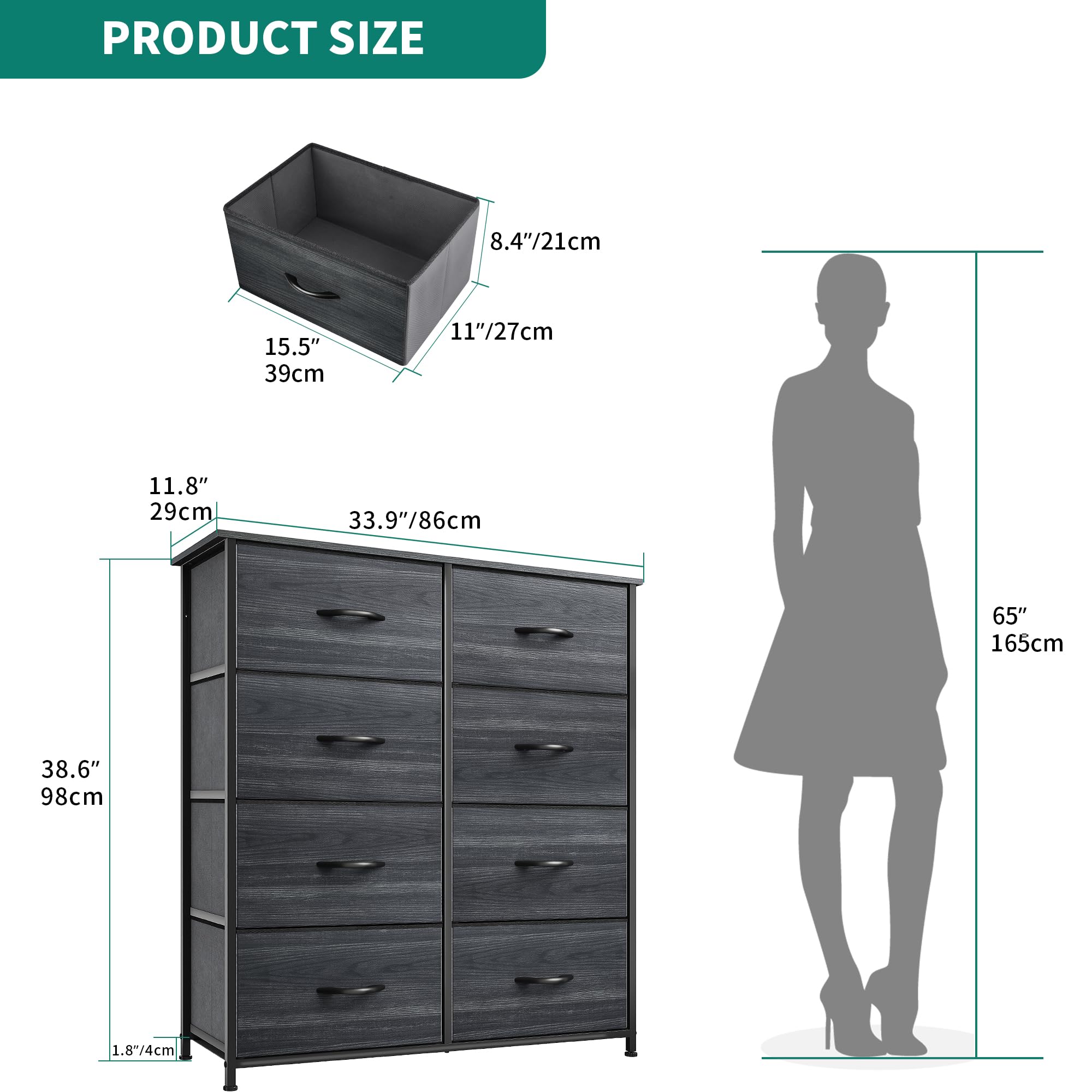 YITAHOME 8-Drawer Fabric Dresser | Metal Frame Storage Chest, Charcoal