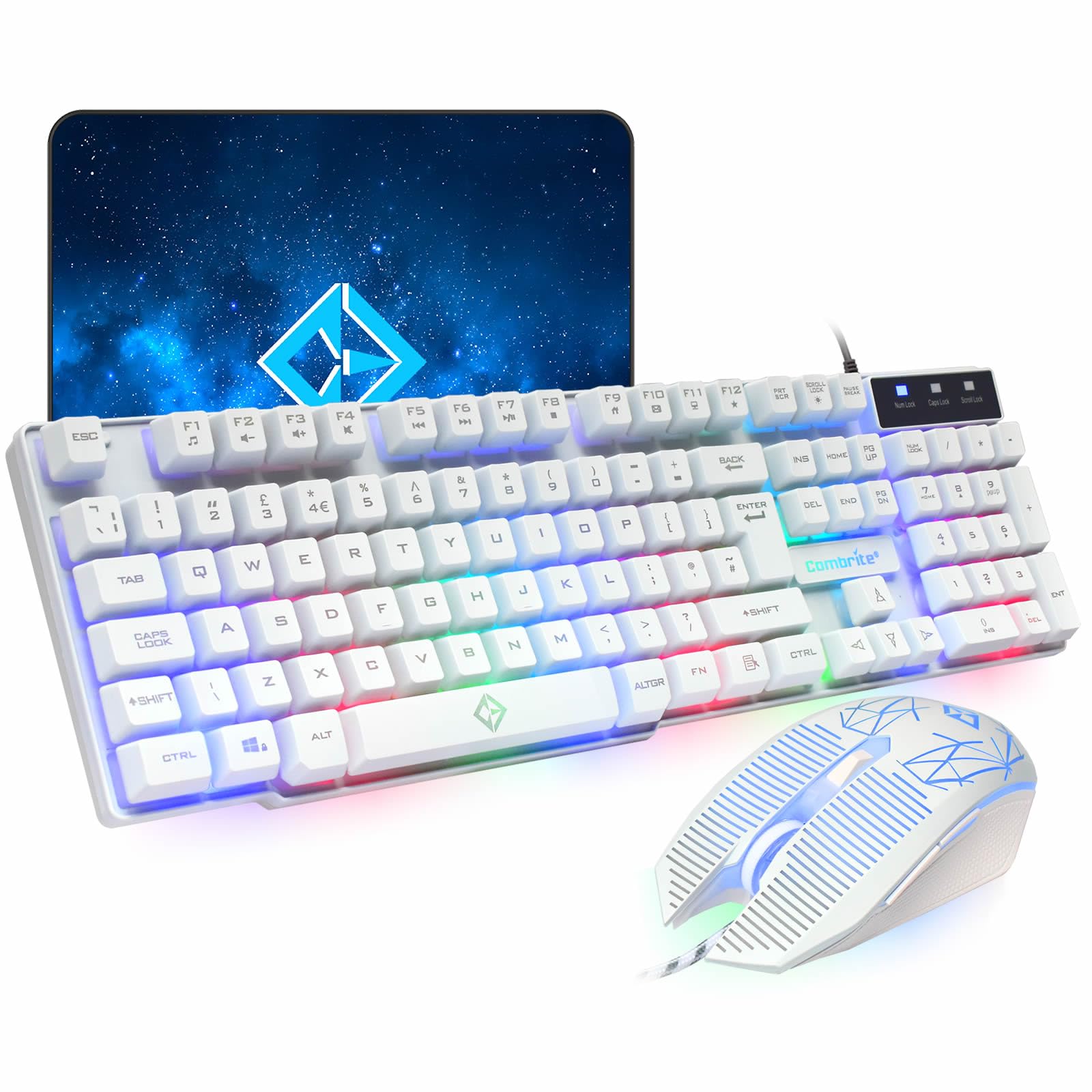 Combrite Raptor White Gaming Keyboard and Mouse Set with Mouse Pad