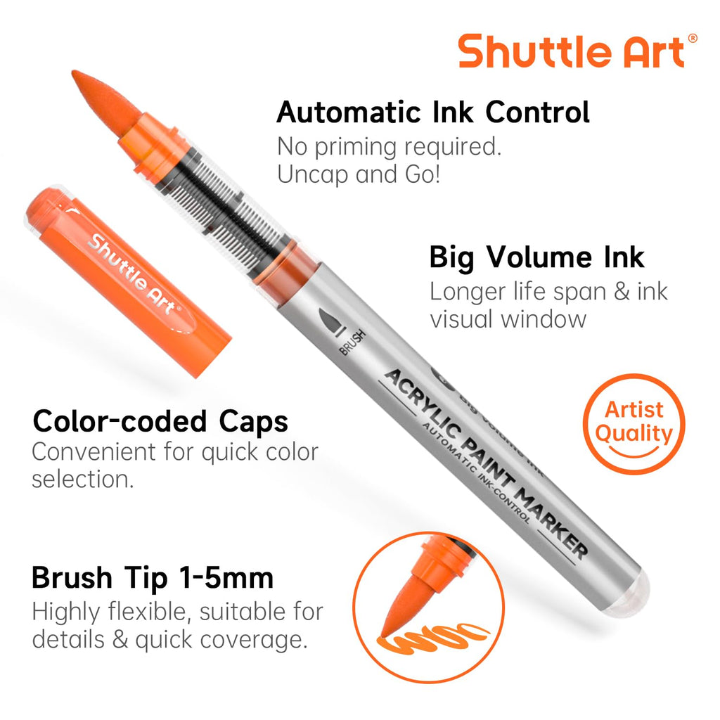 Shuttle Art 48 Colors Acrylic Paint Pens – Brush Tip Markers for Rock Painting