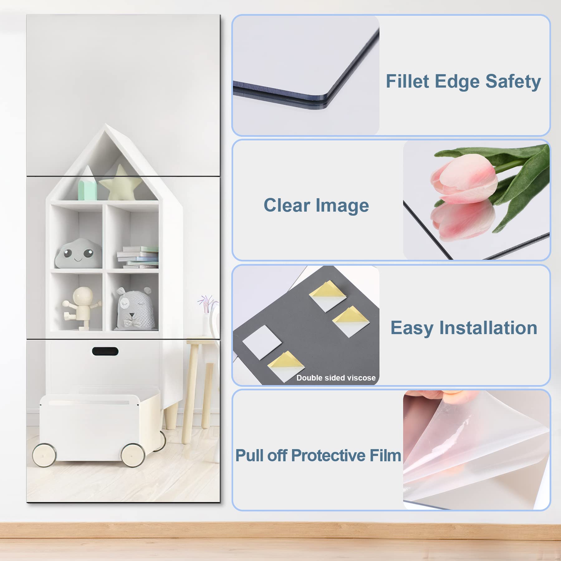 4-Pack Acrylic Adhesive Mirror Tiles - 50x60cm, 2mm Thick