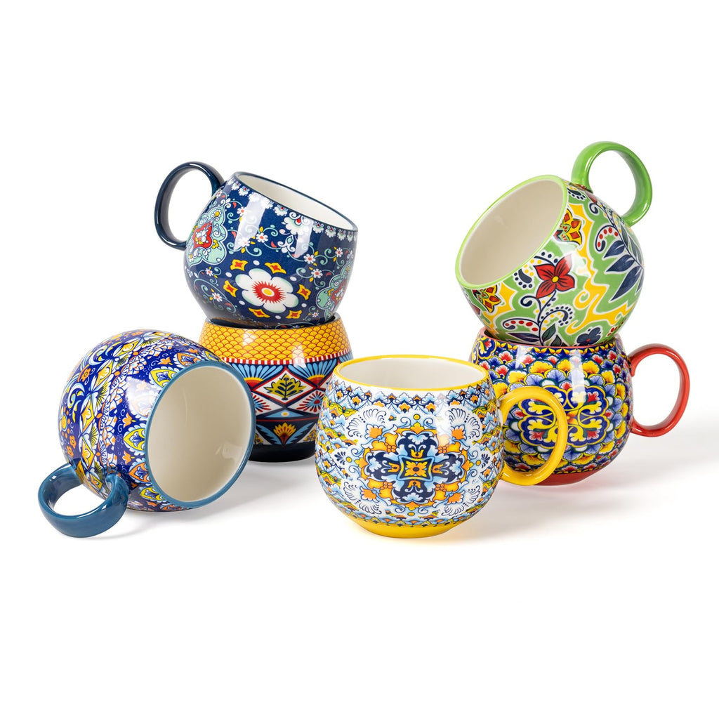 HENXFEN LEAD 20 oz Porcelain Coffee Mugs – 6 Pack Bohemian Stackable Cups