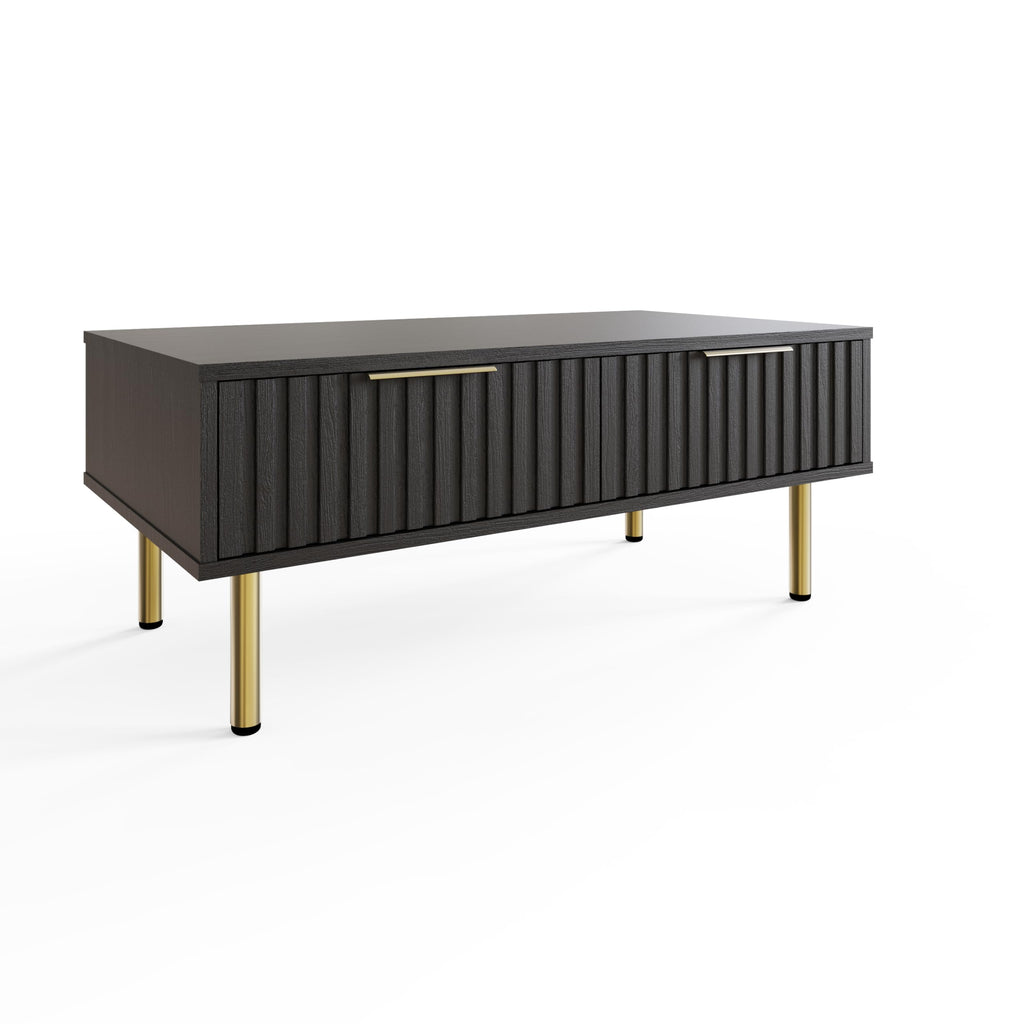 GFW Nervata Coffee Table, Black Coffee Table with 2 Drawers, Art Deco Style Living Room Table with Gold Accents and Wood Grain Texture - image 4