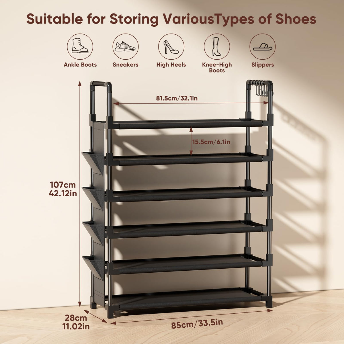 Mavivegue 6 Tier Metal Shoe Rack with 5 Hooks & 4 Side pockets - image 4