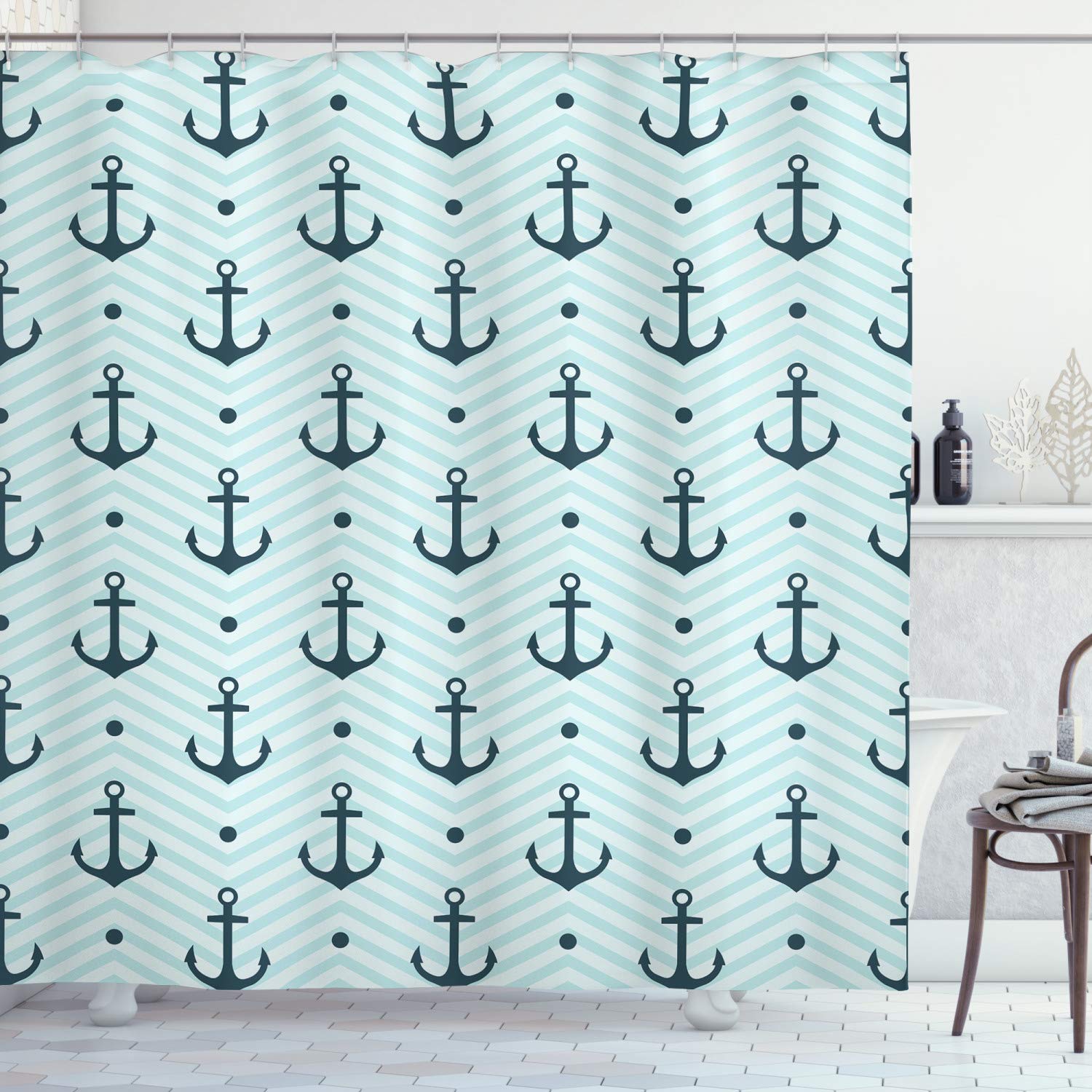ABAKUHAUS Anchor Shower Curtain – Extra Long Fabric Bathroom Decor Set