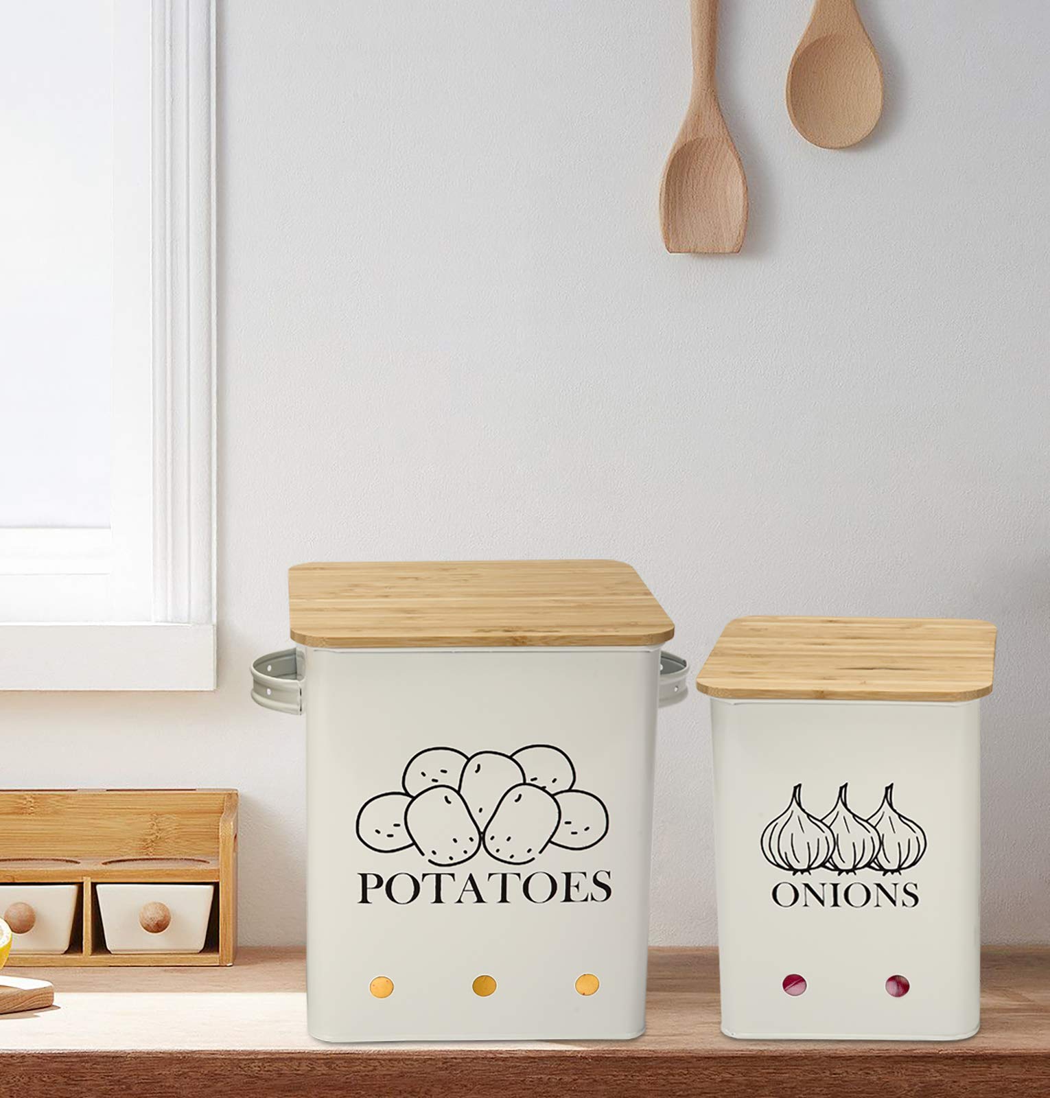 Xbopetda Potato and Onion Storage Tins – 2pc Metal Pantry Organiser