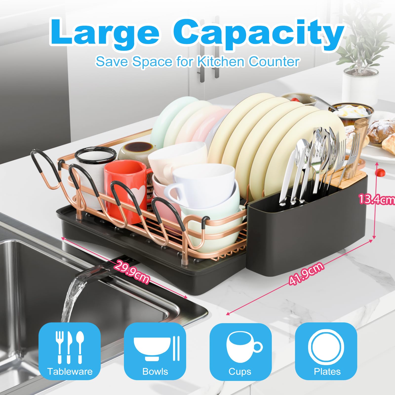 BRIAN & DANY Aluminum Dish Drying Rack | Rust-Free Drainer with 360° Spout