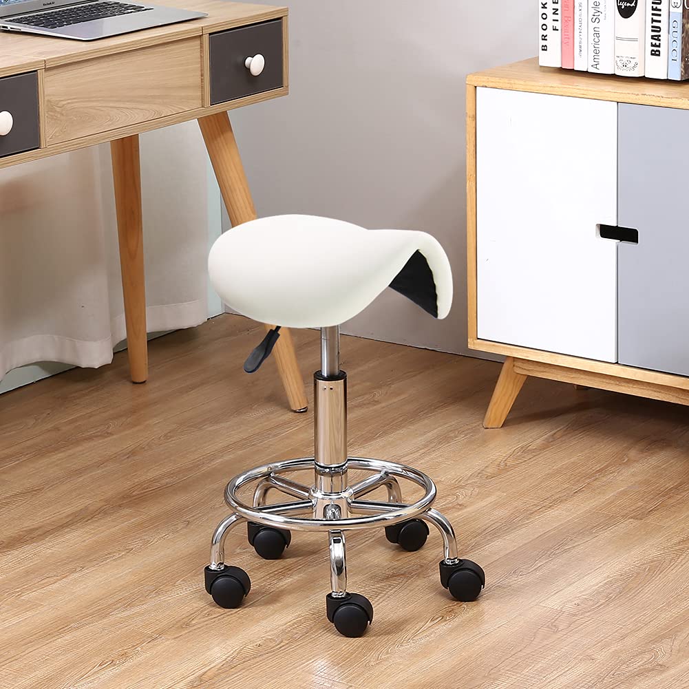KKTONER White Saddle Stool with Footrest - Adjustable Rolling Salon Chair