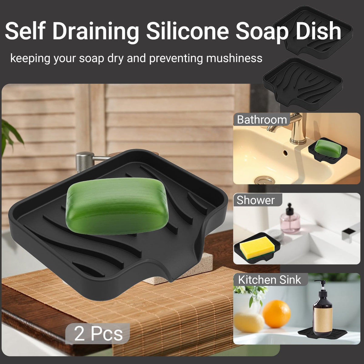 Penbin 2 Pack Silicone Soap Dish with Drain, Bar Soap Holder for Shower & Bathroom, Self Draining Waterfall Soap Tray for Kitchen Sink - image 3