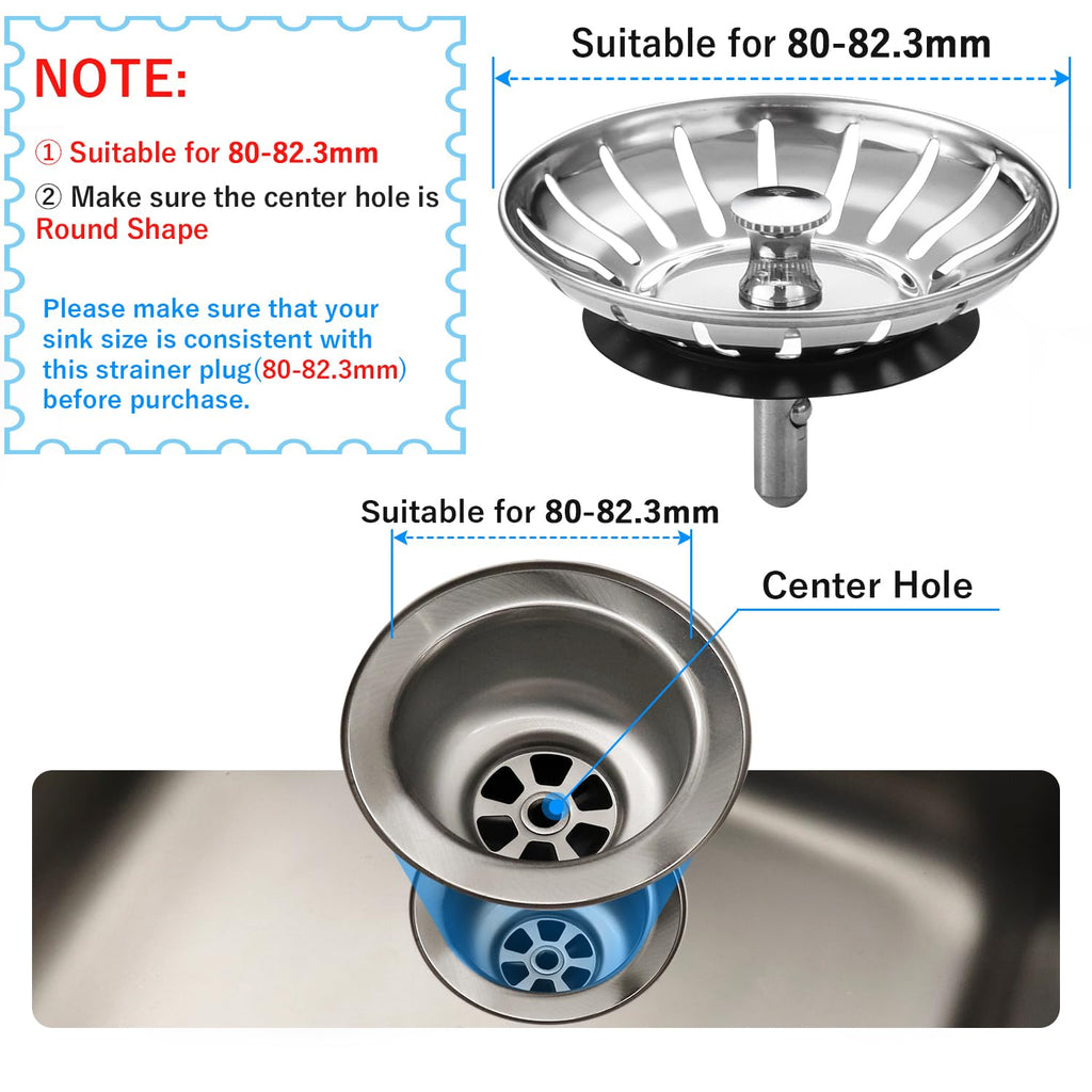 Stainless Steel Kitchen Sink Bowl Strainer and Plug, 80mm Kitchen Sink Plug for Single Double Bowl Use