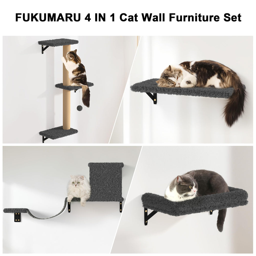 FUKUMARU 4-in-1 Cat Wall Shelves Set - Wooden Climbing Furniture, Gray