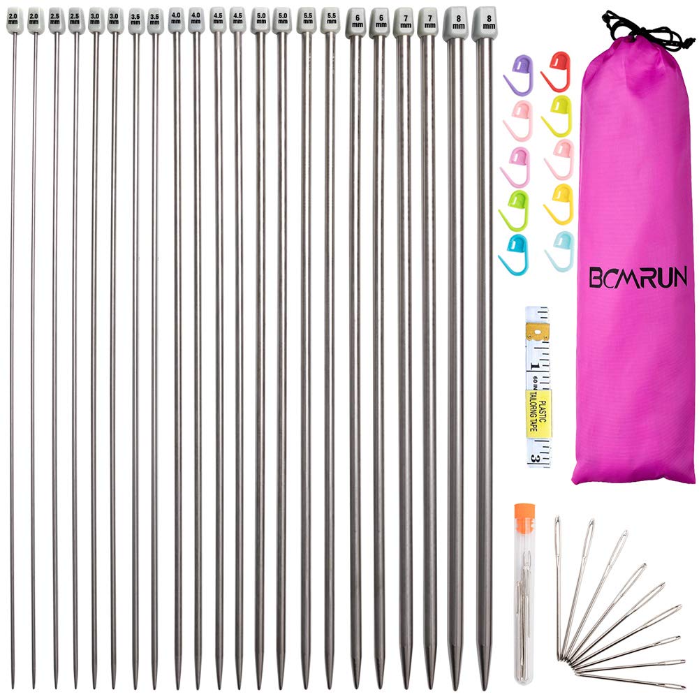 BCMRUN 11 Pairs Stainless Steel Single Pointed Knitting Needles Set