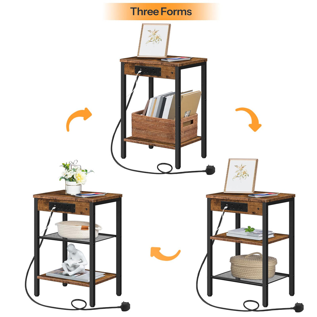 HOOBRO Narrow Side Table with Charging Station | 3-Tier Rustic Bedside Table