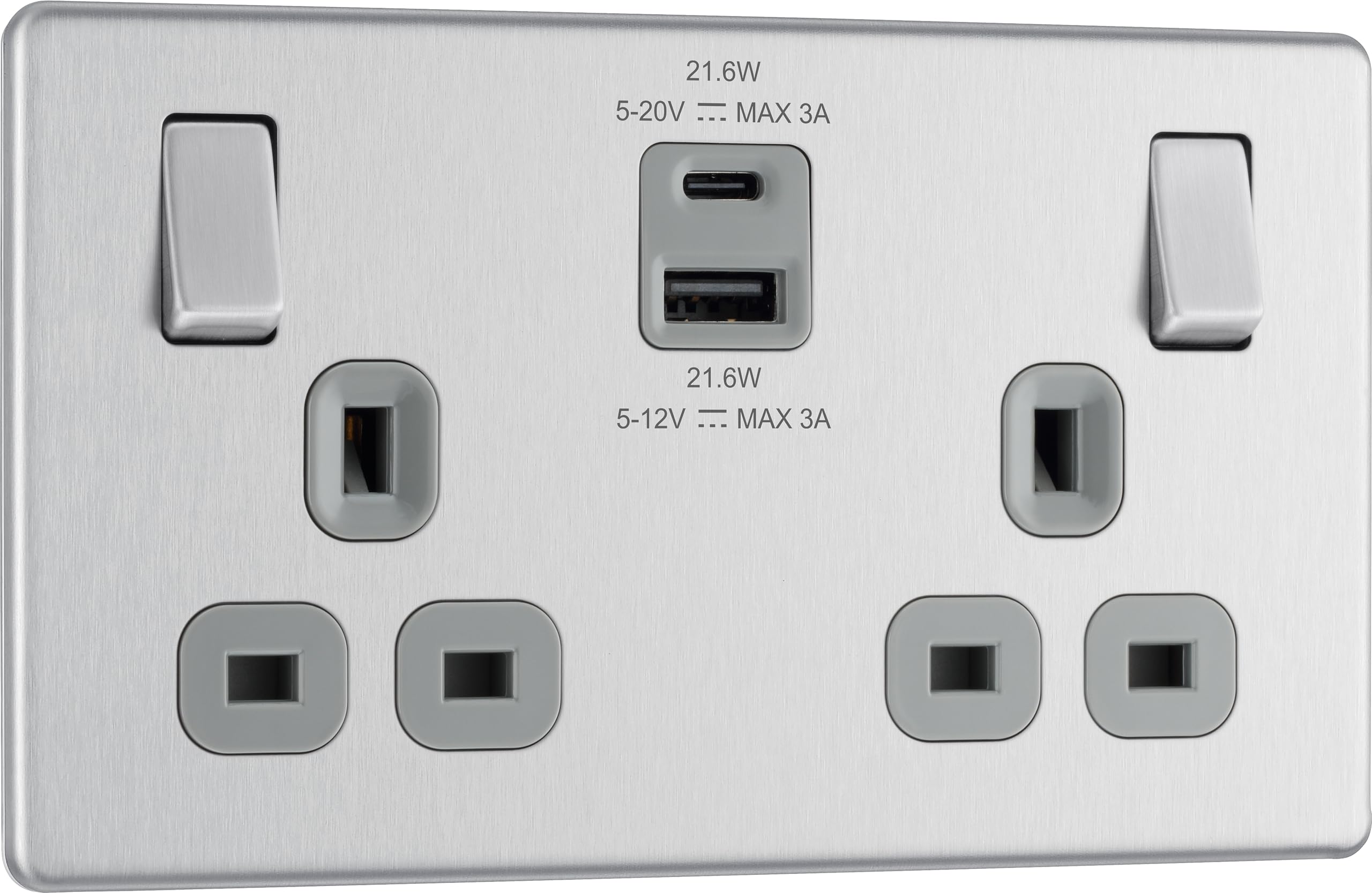 BG Electrical Double Switched Socket | 22W USB A+C | Brushed Steel