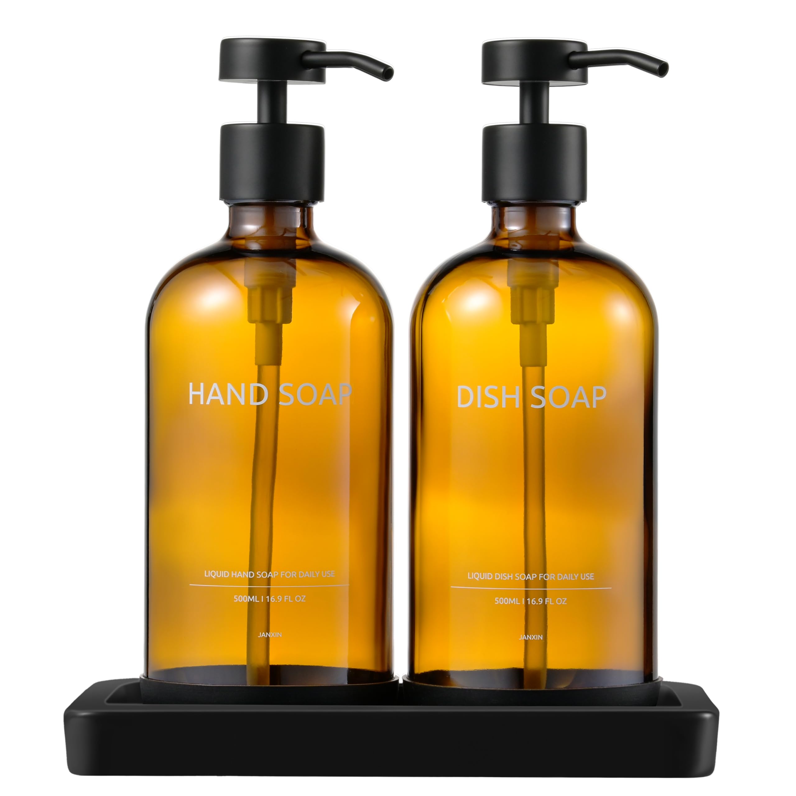 Janxin 2-Piece Glass Soap Dispenser Set with Ceramic Tray - Brown/Black
