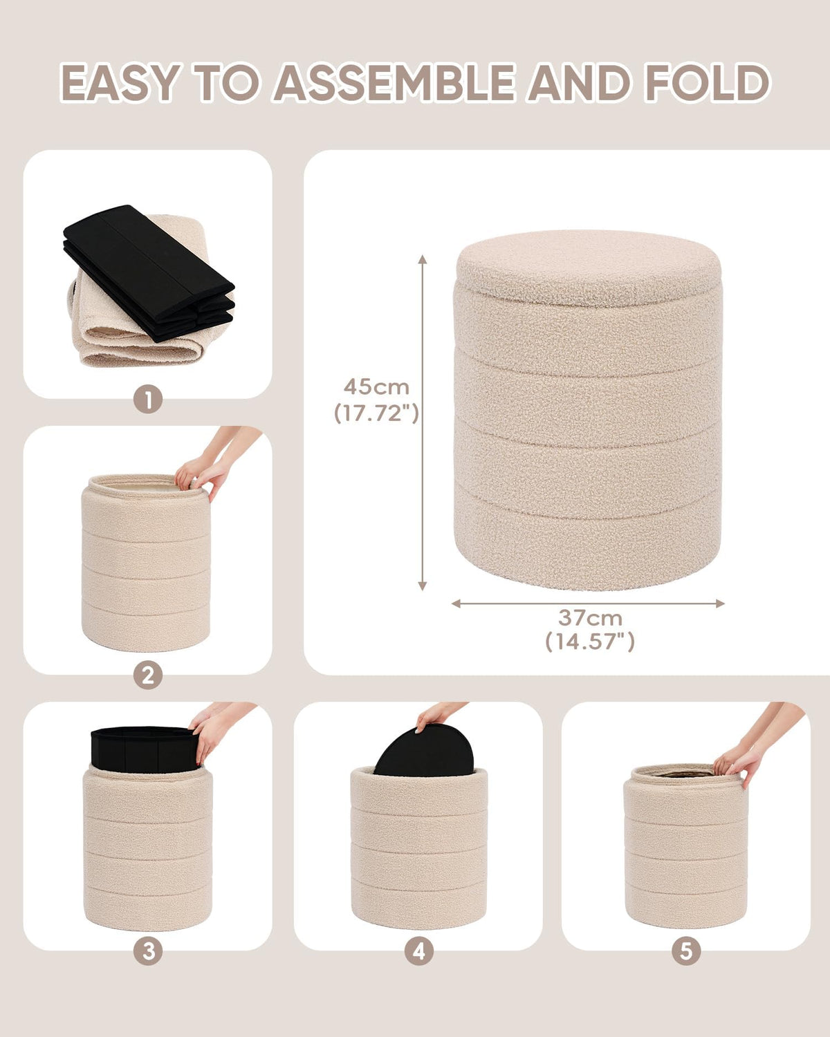 PINPLUS Round Ottoman Storage, Convertible Table, Beige, 37x37x45 cm