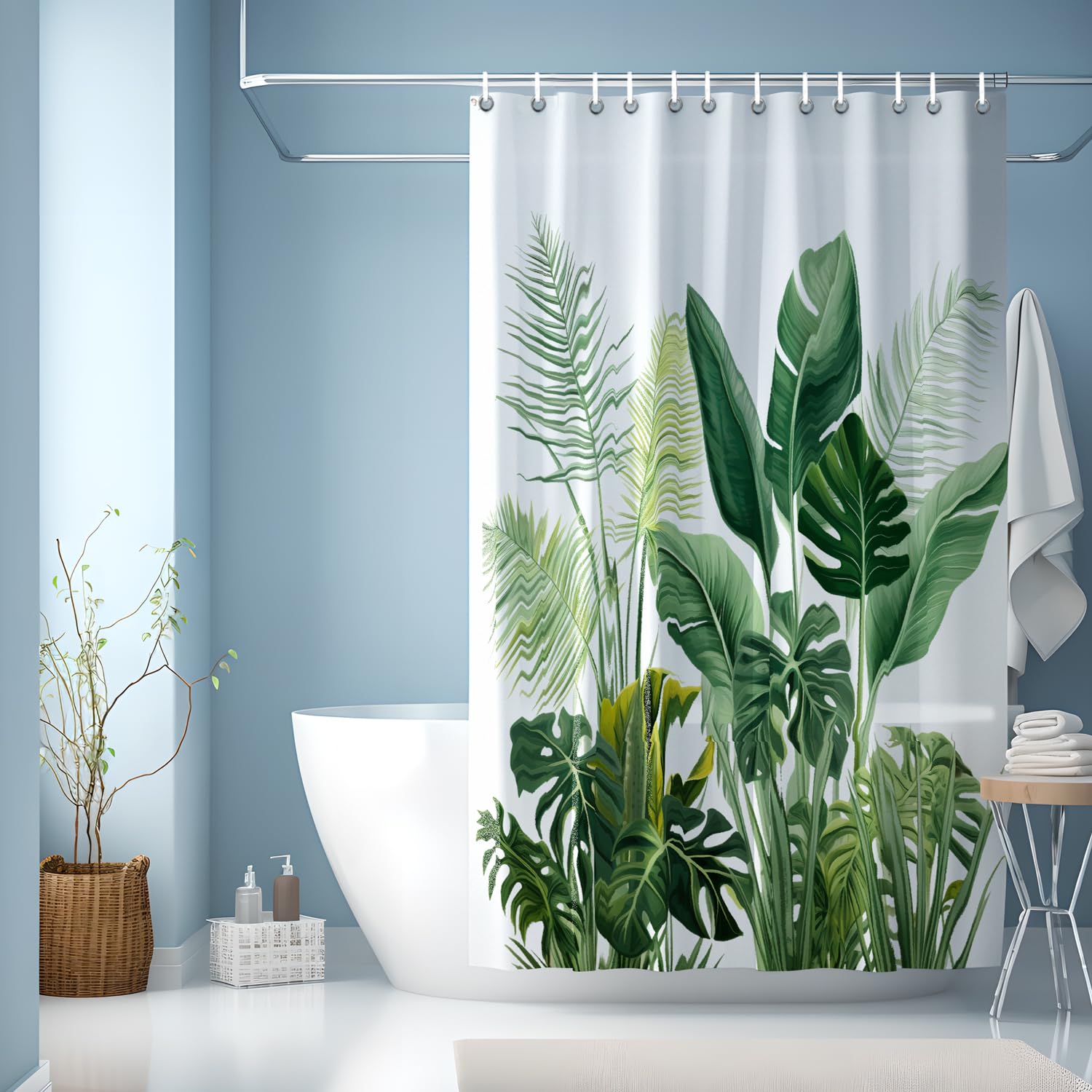 JINGYOU Green Leaves Shower Curtain | Mold Resistant Weighted Hem Fabric