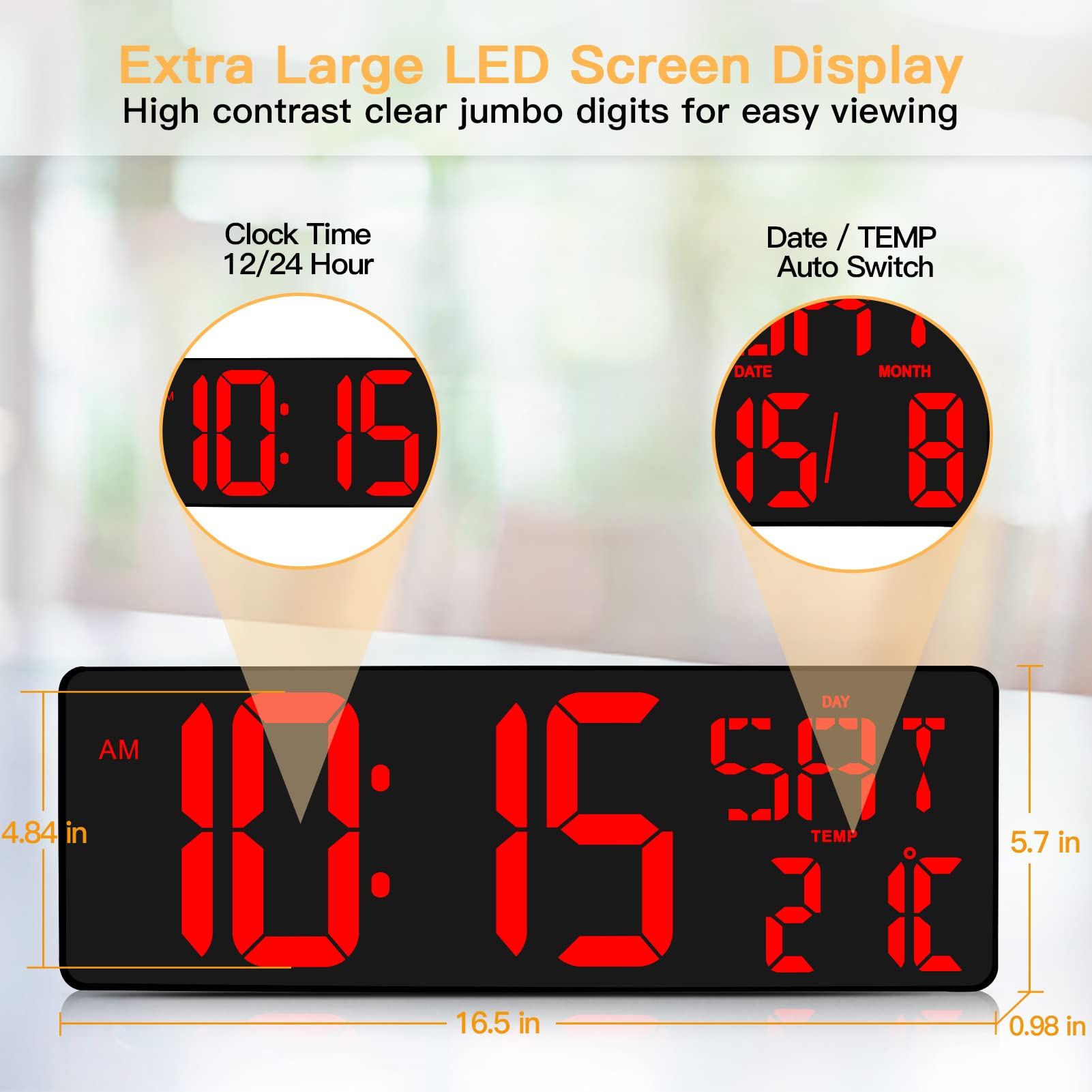 XREXS 16.5 Inch Digital Wall Clock | LED Large Display with Remote Control