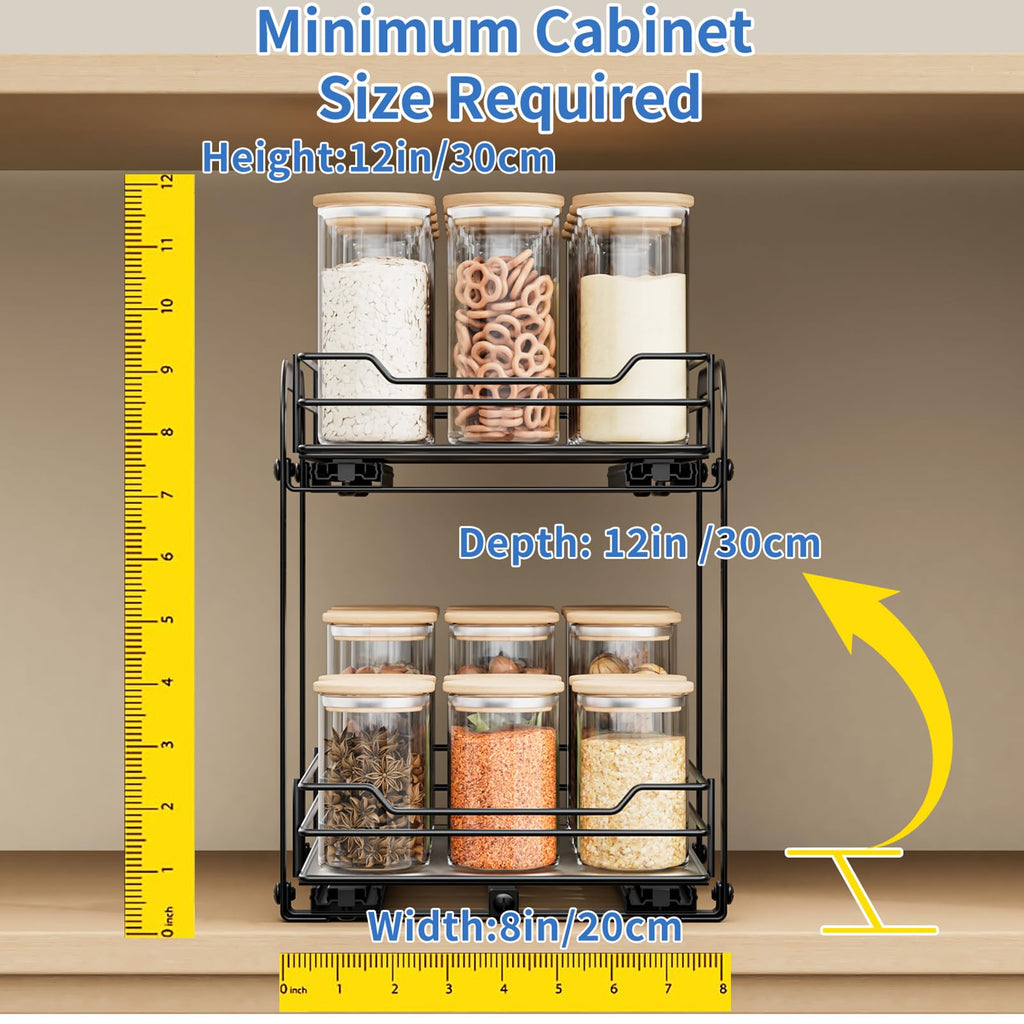 AIRUJIA 2-Tier Pull Out Cabinet Spice Rack | Height Adjustable Metal Shelf