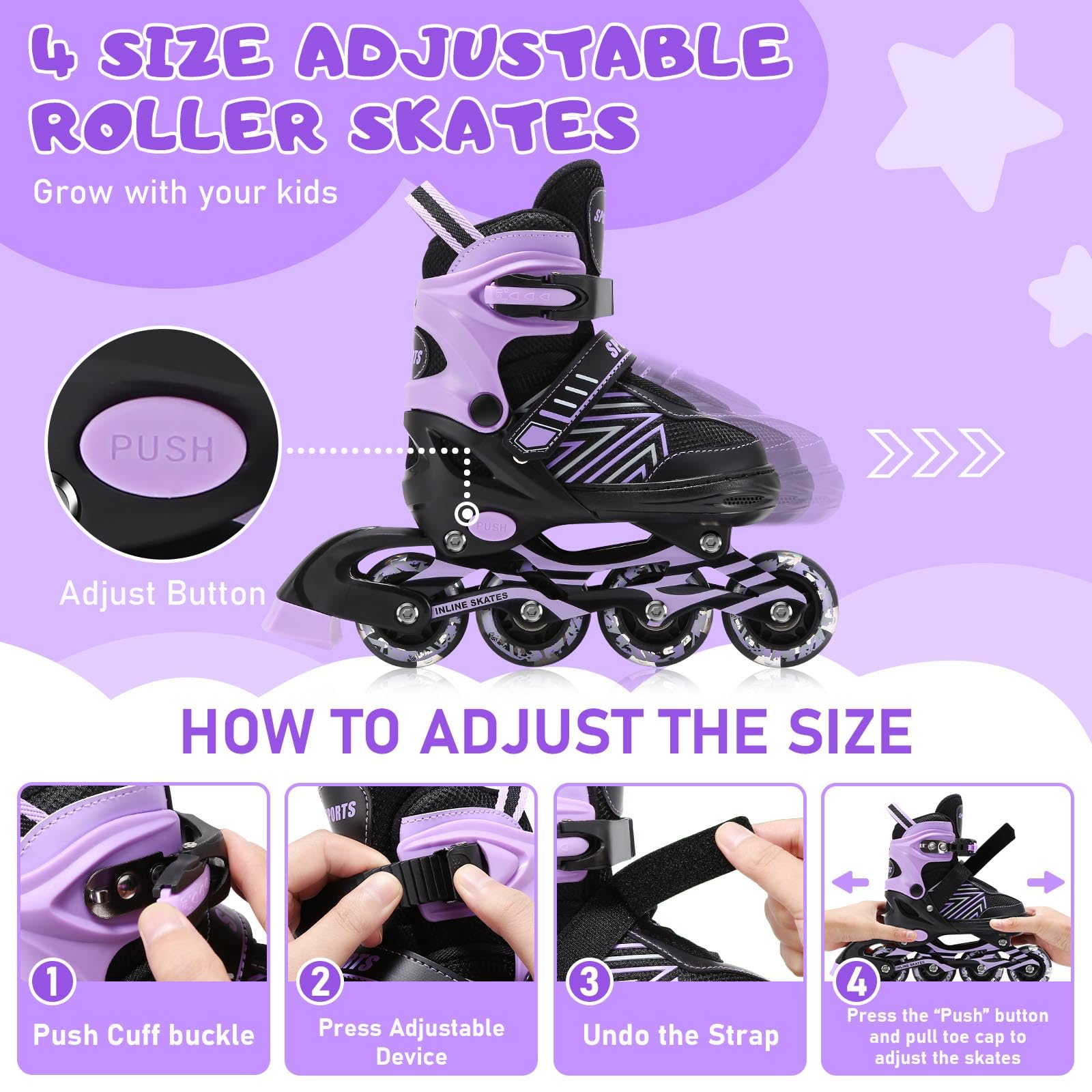 Jolof Store Kids Adjustable Inline Skates with Light Up Wheels - Small