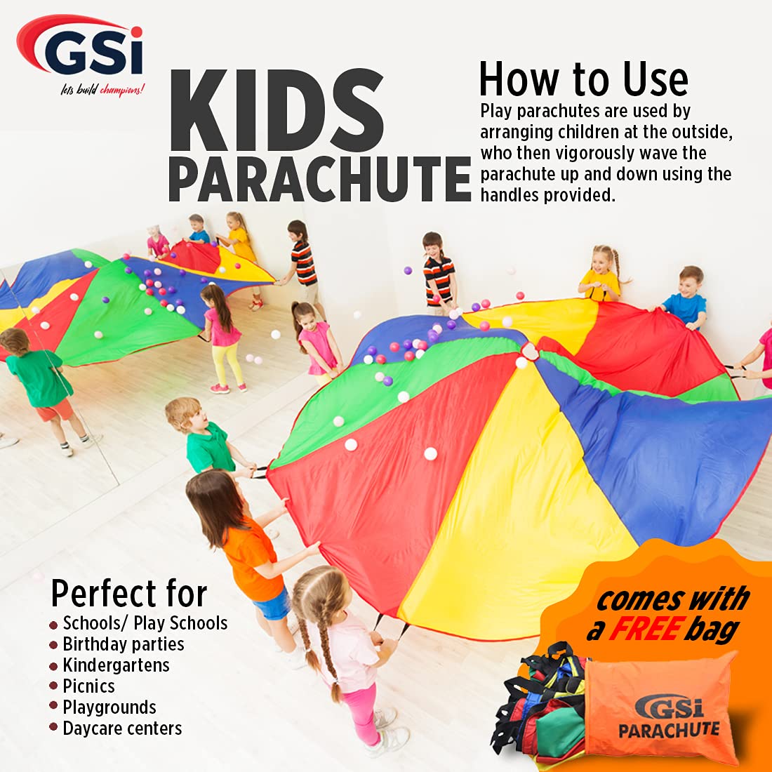 GSi Kids Play Parachute – 24 Feet Rainbow Polyester Toy with Handles