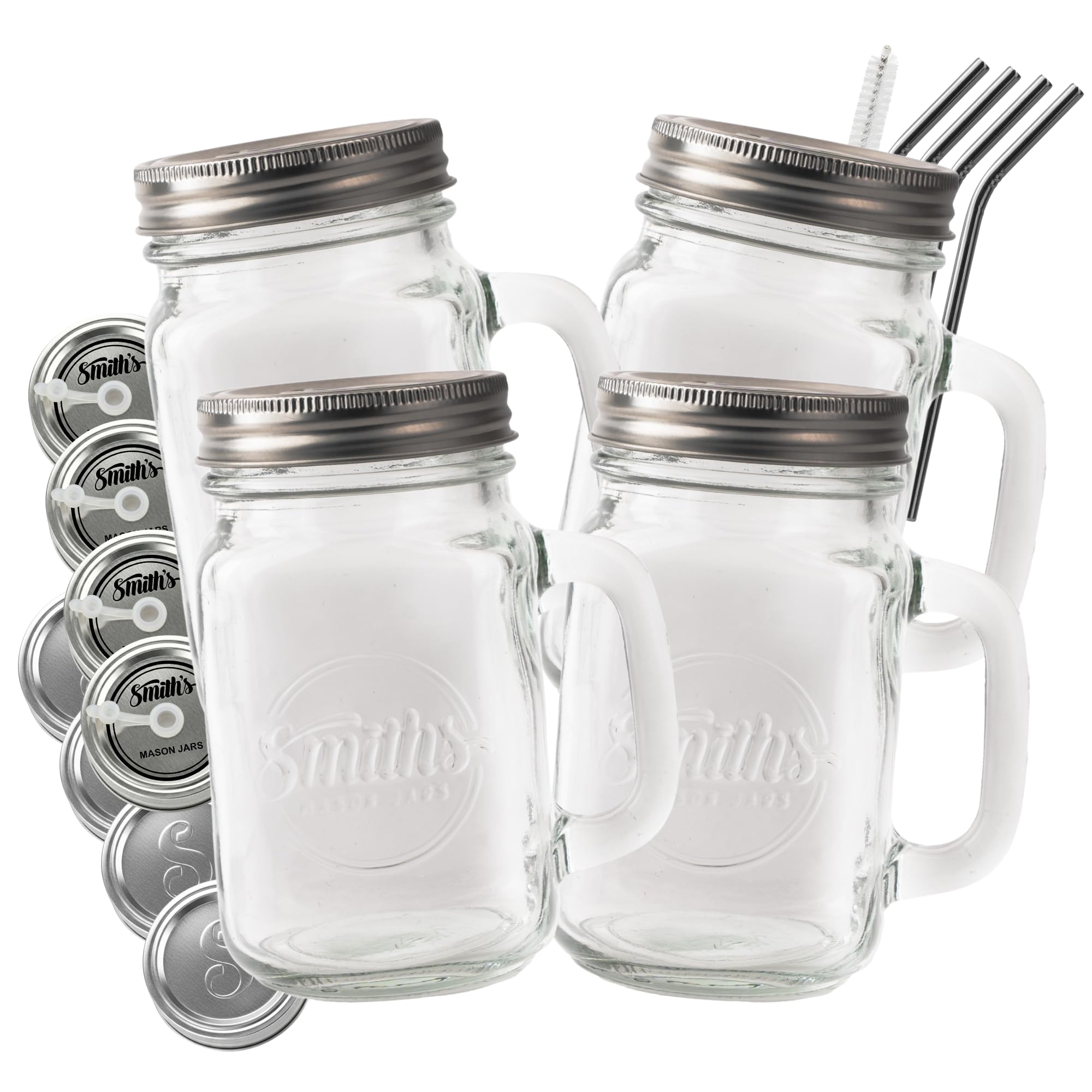 Smiths Mason Jars with Lids and Straws | 16oz Glass Cups with Handles (4 Pack)