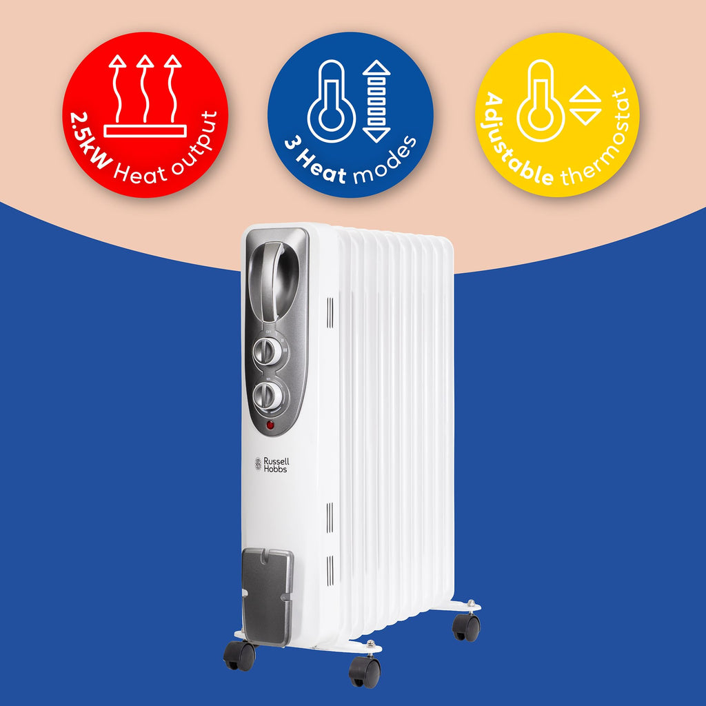 Russell Hobbs 2500W Oil Filled Radiator – 11 Fin Portable Electric Heater