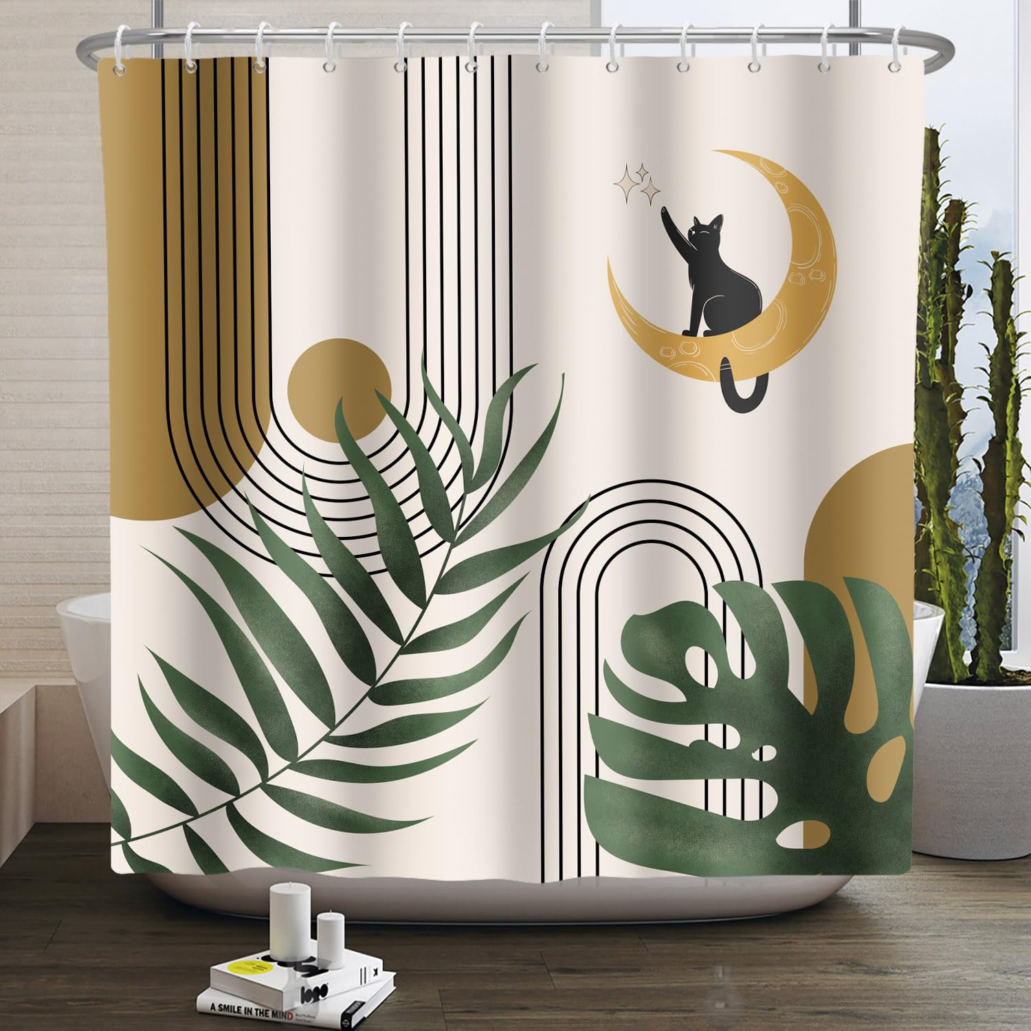 Jolof Store Boho Shower Curtain – Mid Century Sun & Moon Waterproof Art