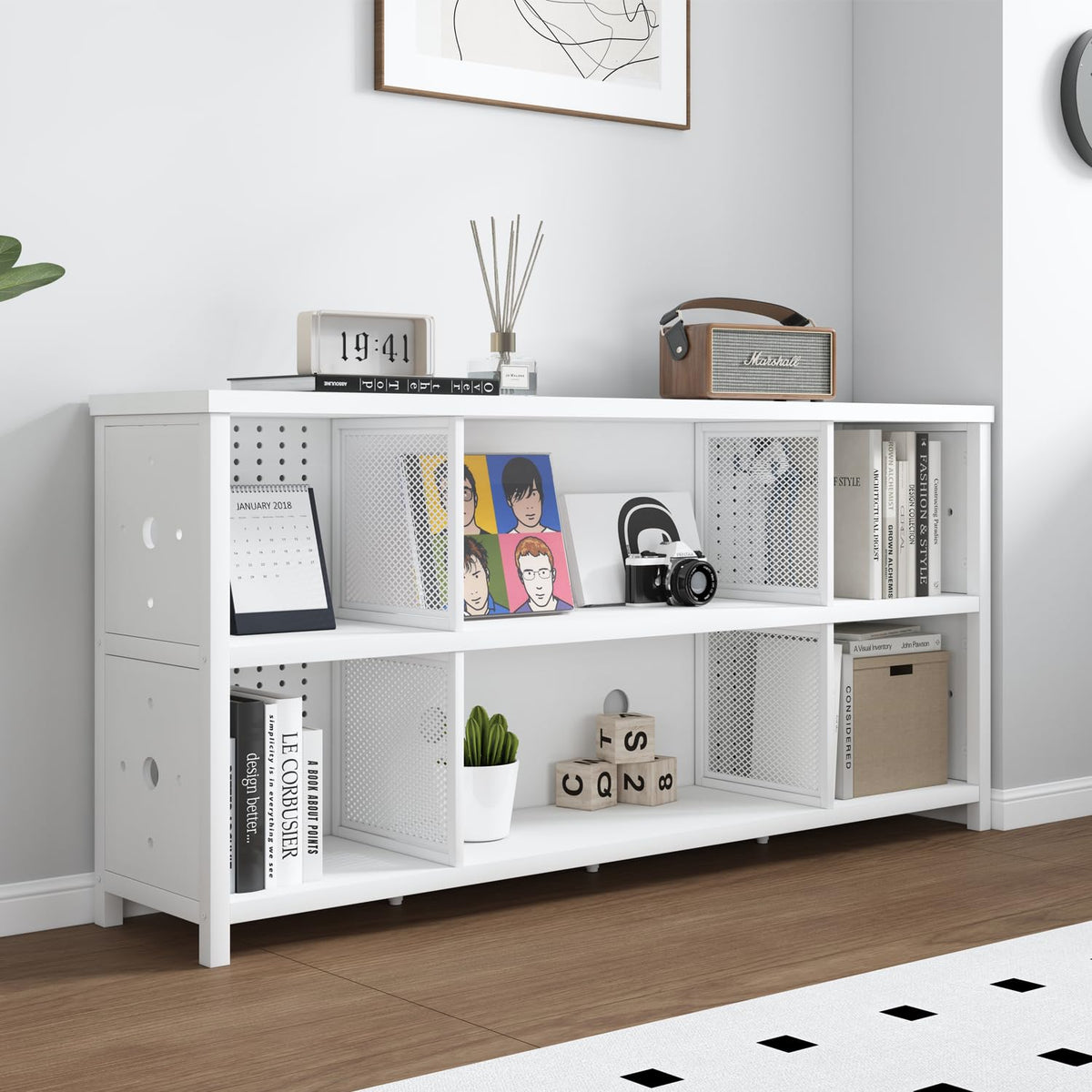 LVB White Horizontal Bookcase, Modern Bookshelf Cube Storage Organizer, Farmhouse Wide Large Wood Metal Book Shelf - image 2
