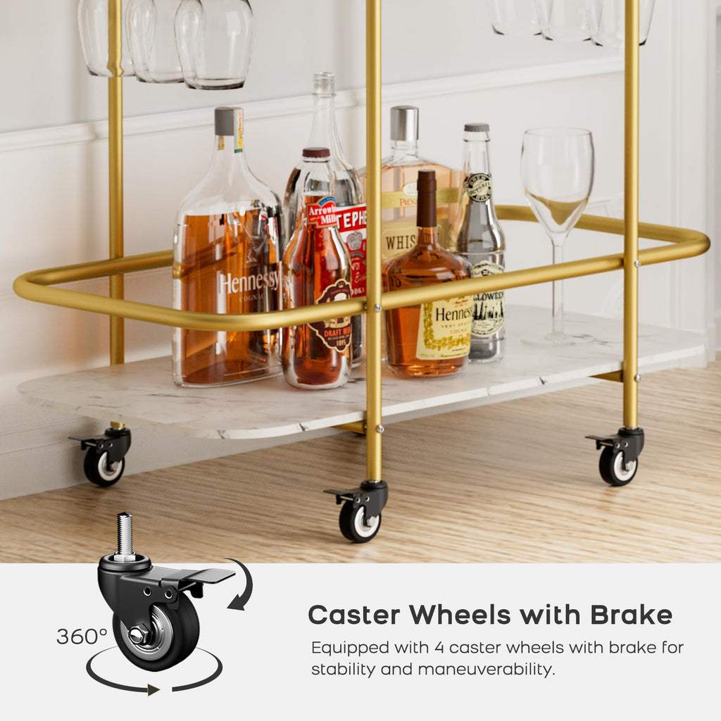 DAWNYIELD 2 Tier Mobile Bar Serving Cart, Drinks Trolley on Wheels, Gold - image 4