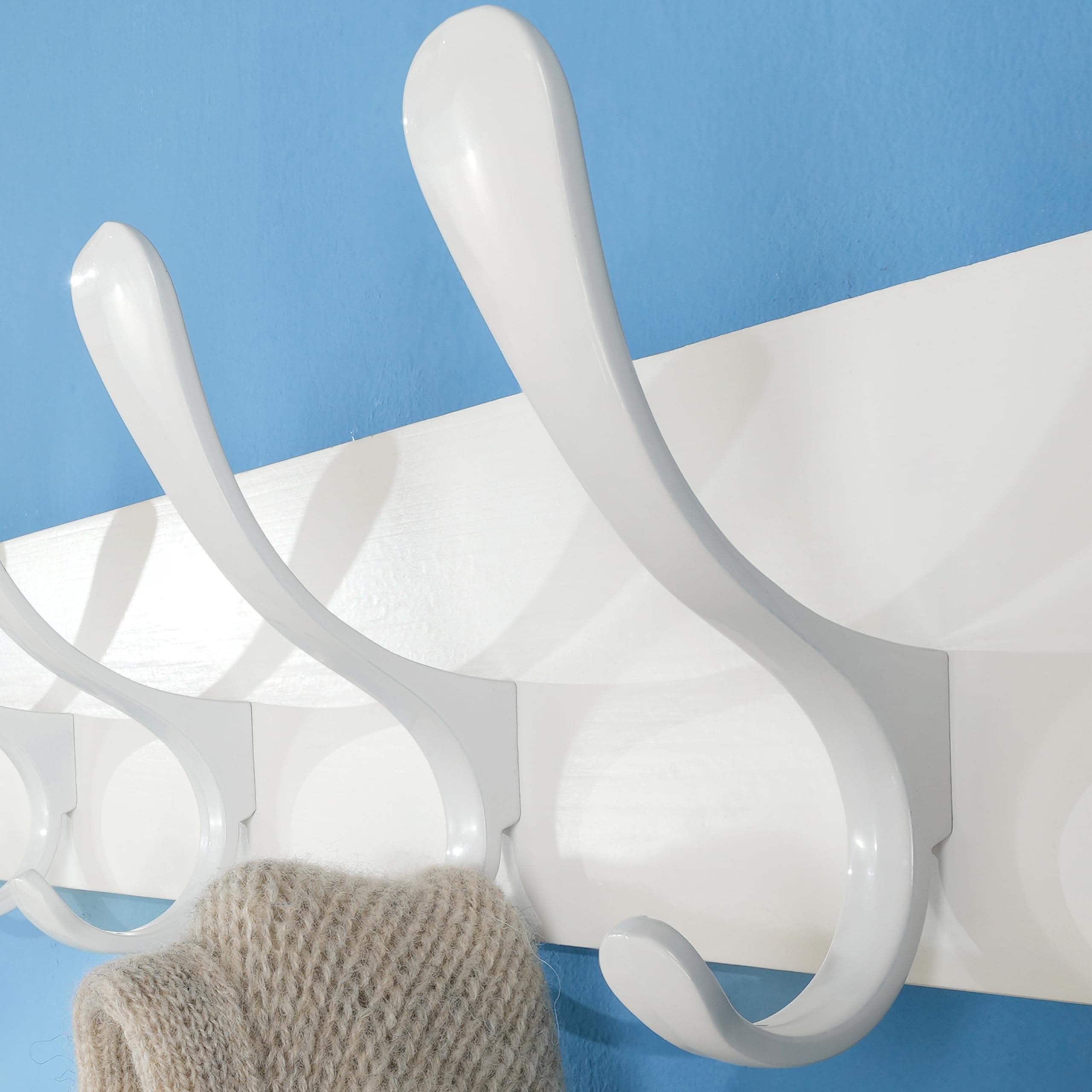 SKOLOO Wall Mount Coat Rack - 2 Pack White Pine Wood Hanger with 6 Hooks