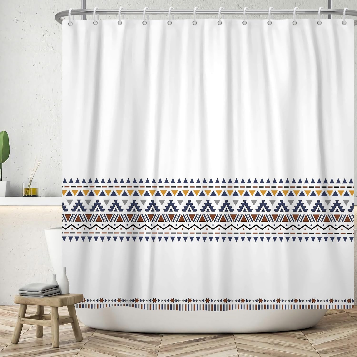 Boho Shower Curtain – Navy Blue Geometry Waterproof Polyester