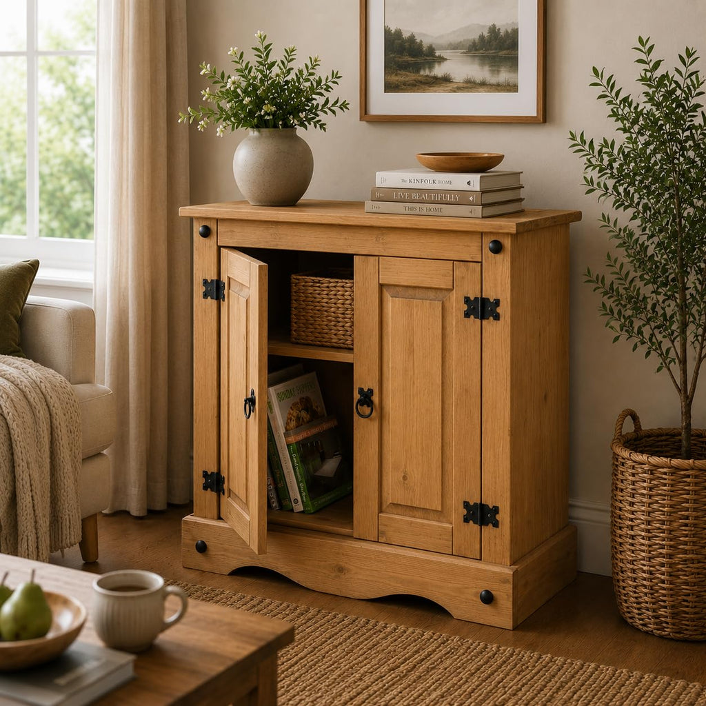 Corona Sideboard Cupboard 2 Door Solid Pine Wood with Wax Finish Mexican Style Black Metal Hardware Internal Shelf - image 2