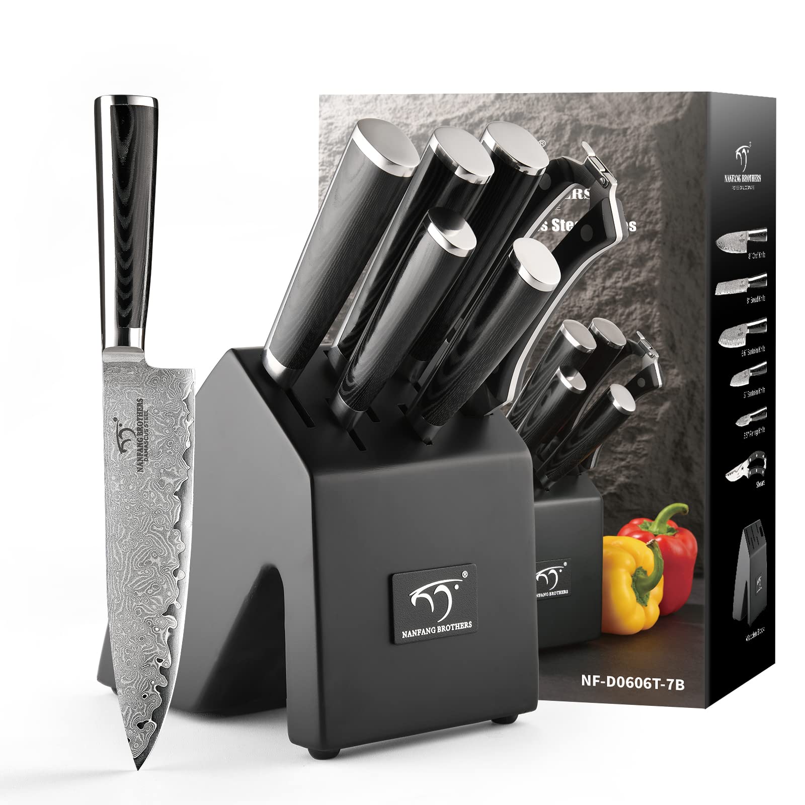 7-Piece Damascus Knife Set with Wood Block and Handles