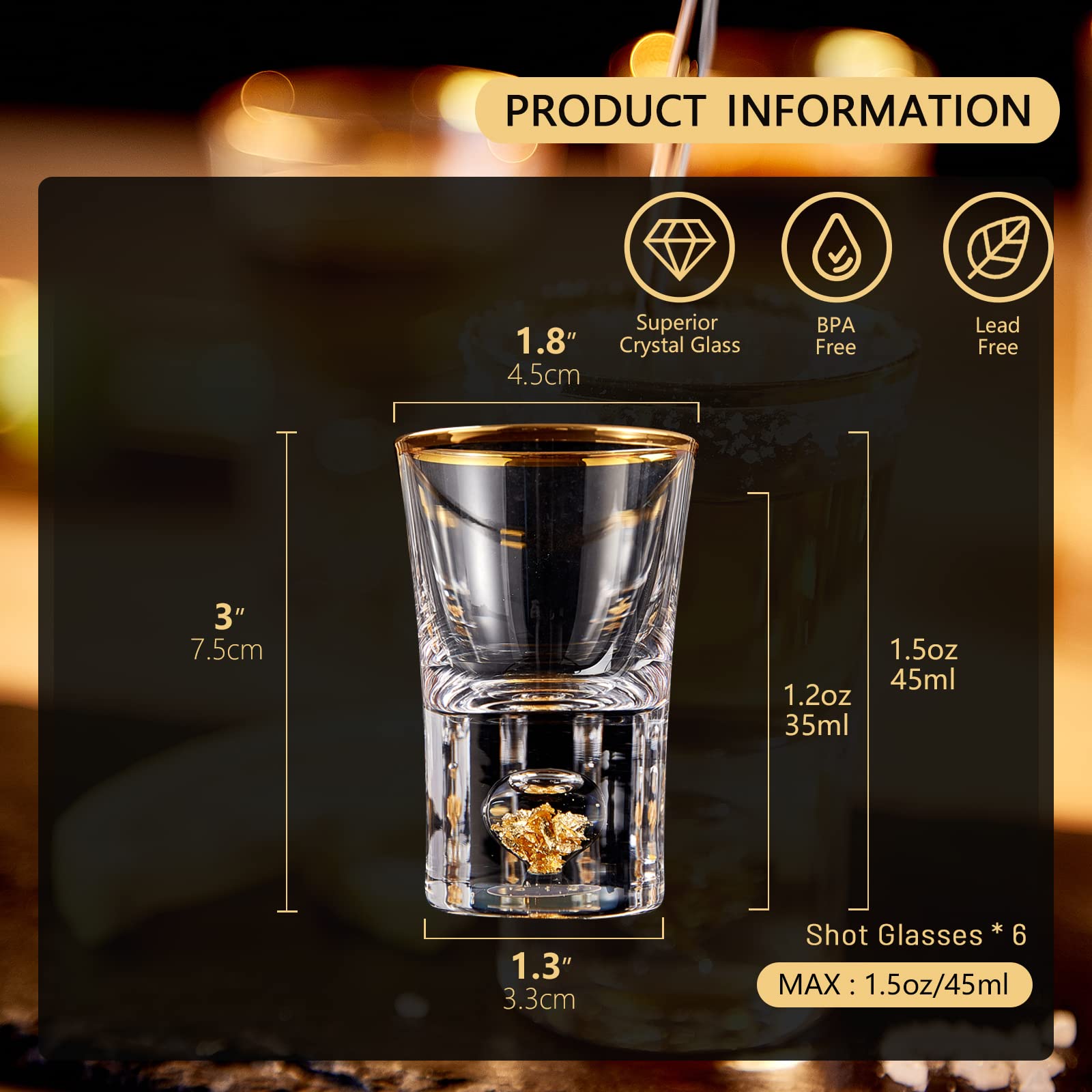 DUJUST Crystal Shot Glass Set – 24K Gold Leaf Flakes & Rim (6 Pcs, 45ml)