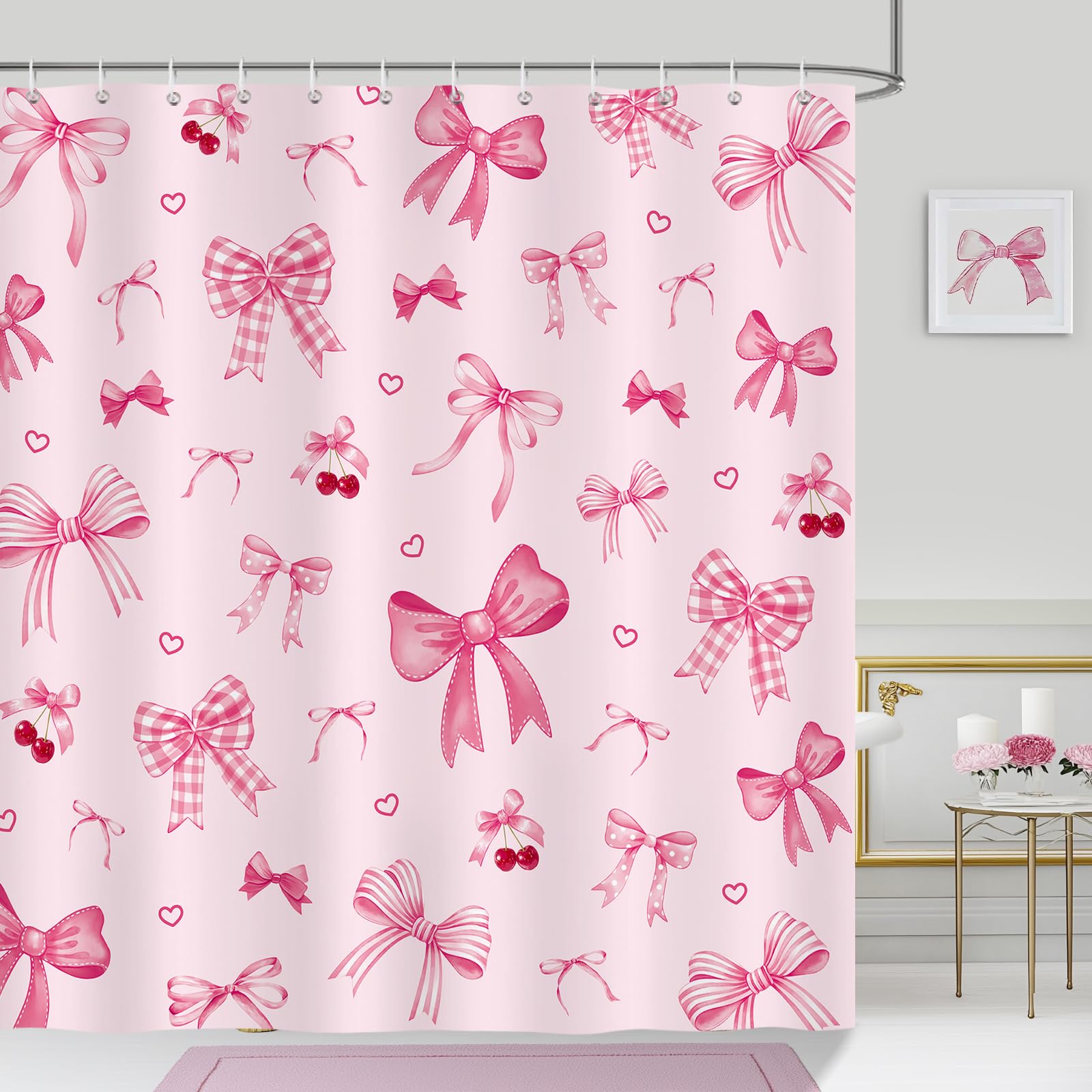 Bonhause Pink Bow & Cherry Shower Curtain | Waterproof Coquette Decor