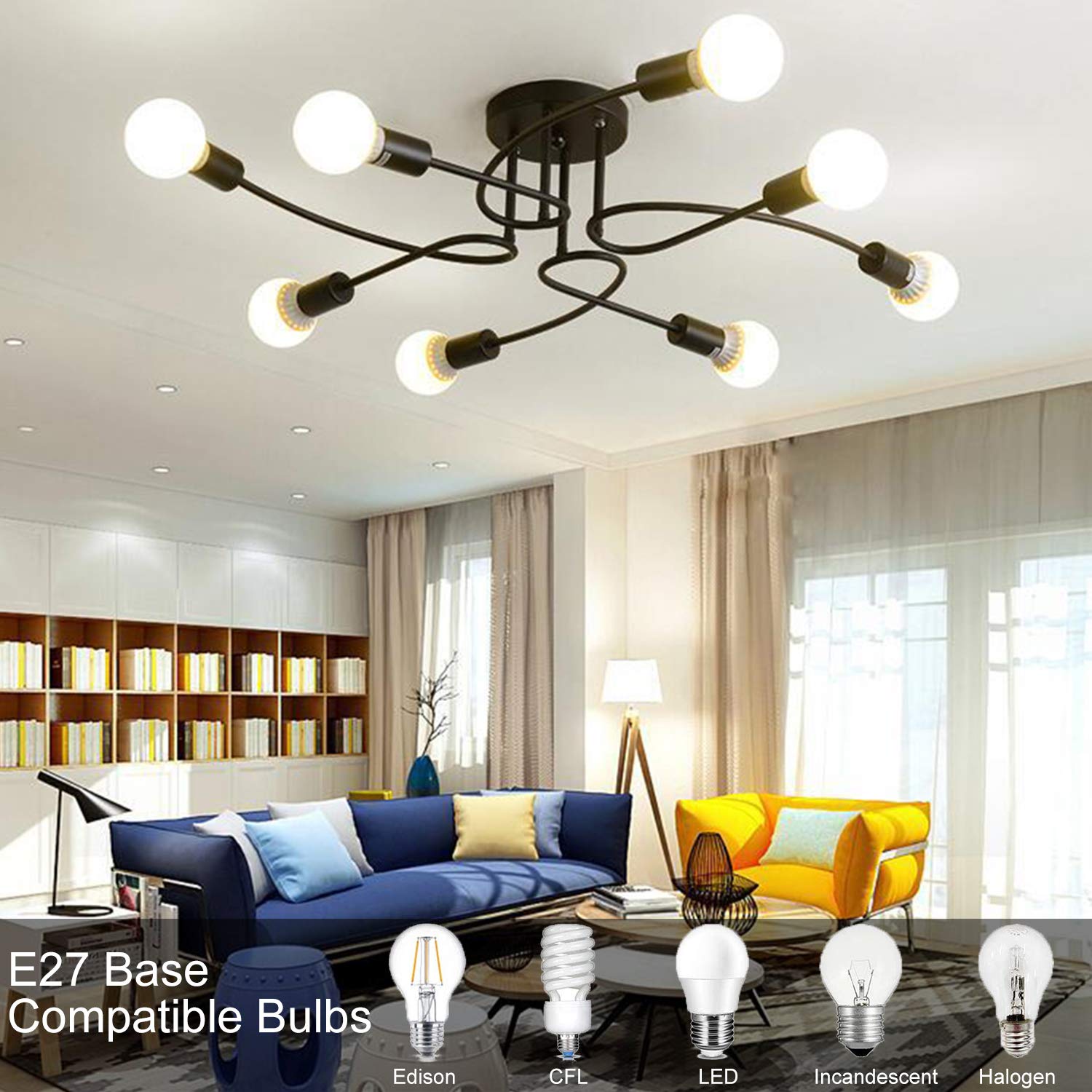 OYIPRO 8-Light Vintage Ceiling Light – Black Semi-Flush Metal Chandelier