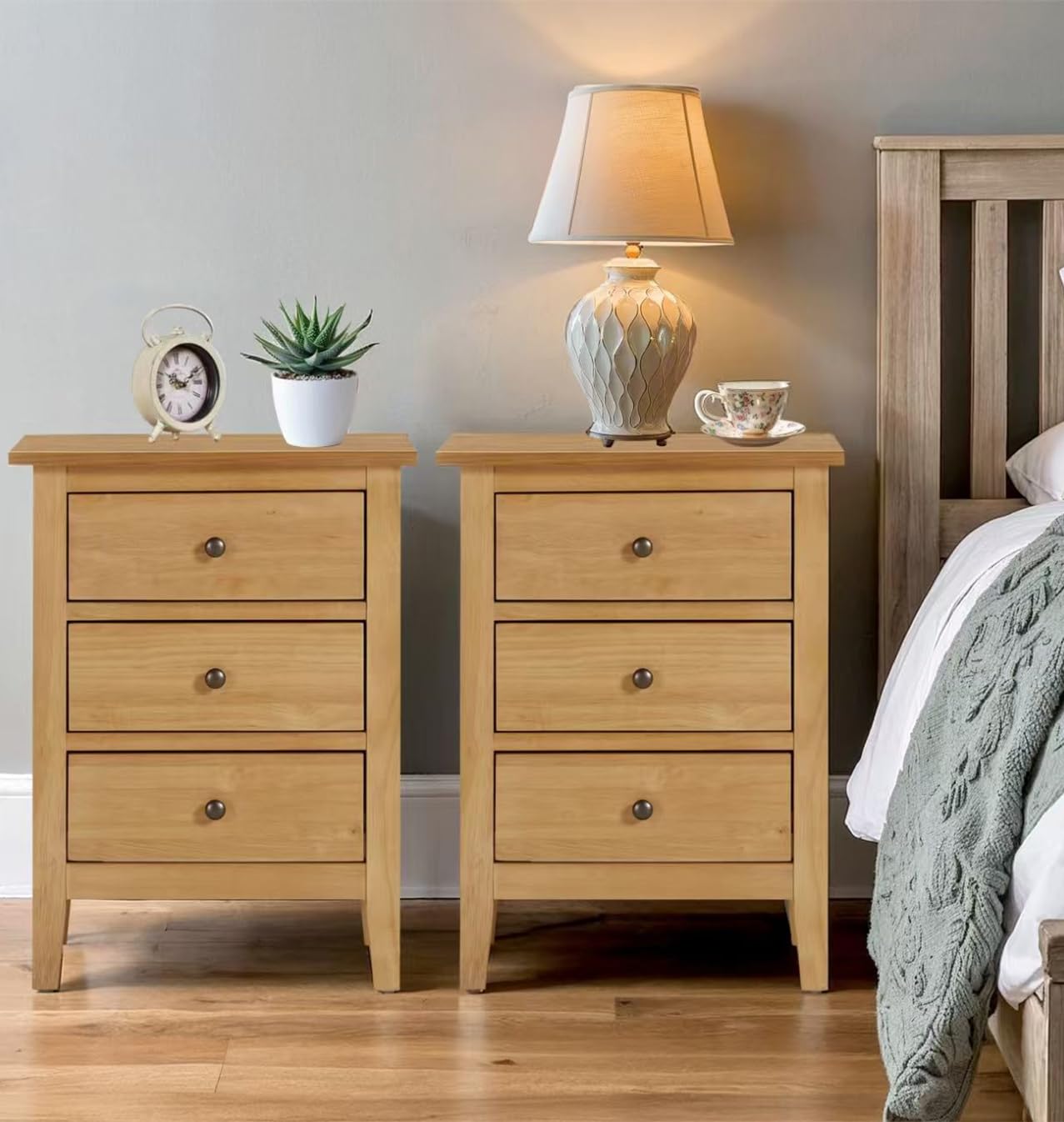 Hallowood Aston Oak Bedside Table Set of 2 – 3 Drawer Slim Wooden Cabinet