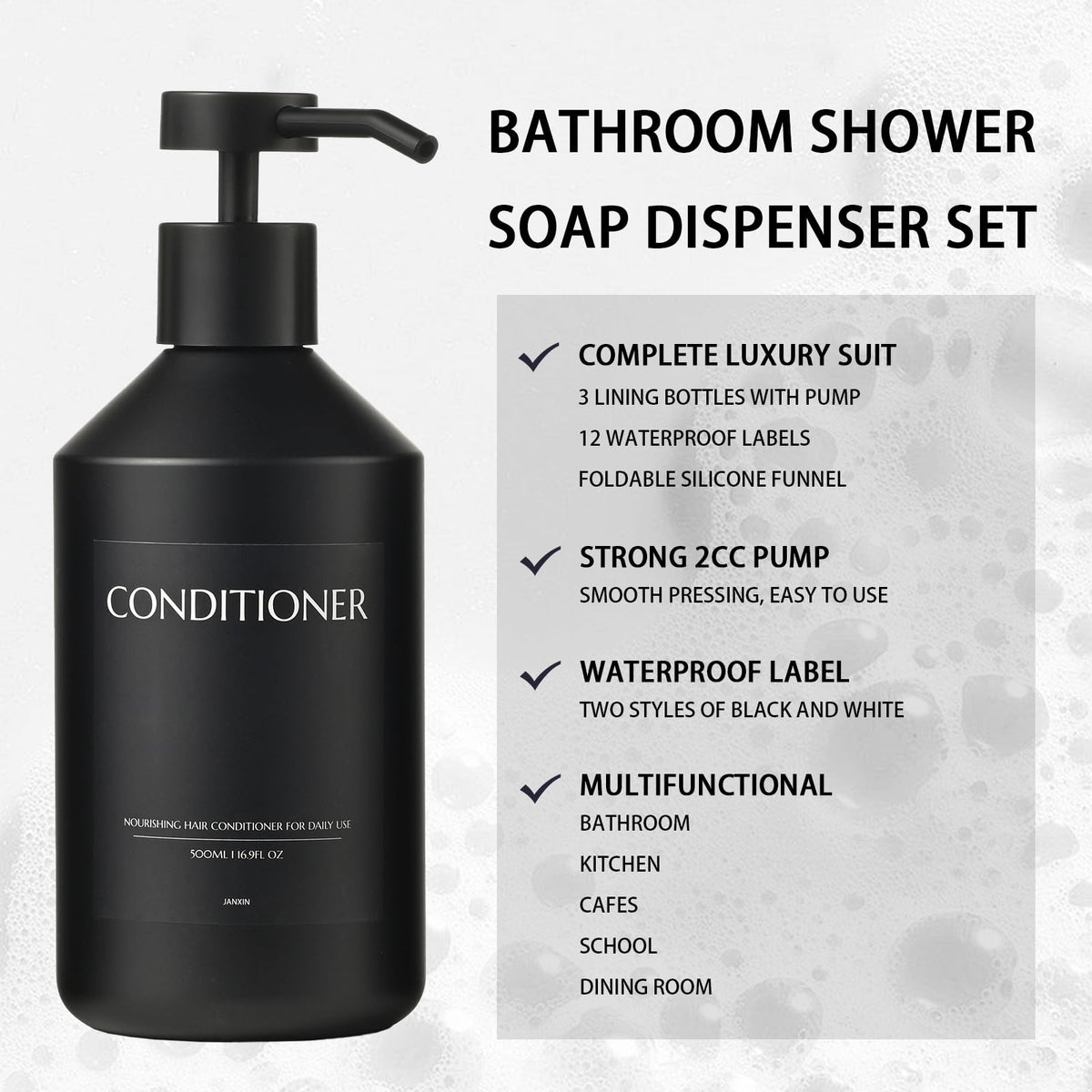 Janxin 3 500ml Black Soap Dispenser, Refillable Shampoo and Conditioner Bottles, Shampoo and Conditioner Dispenser